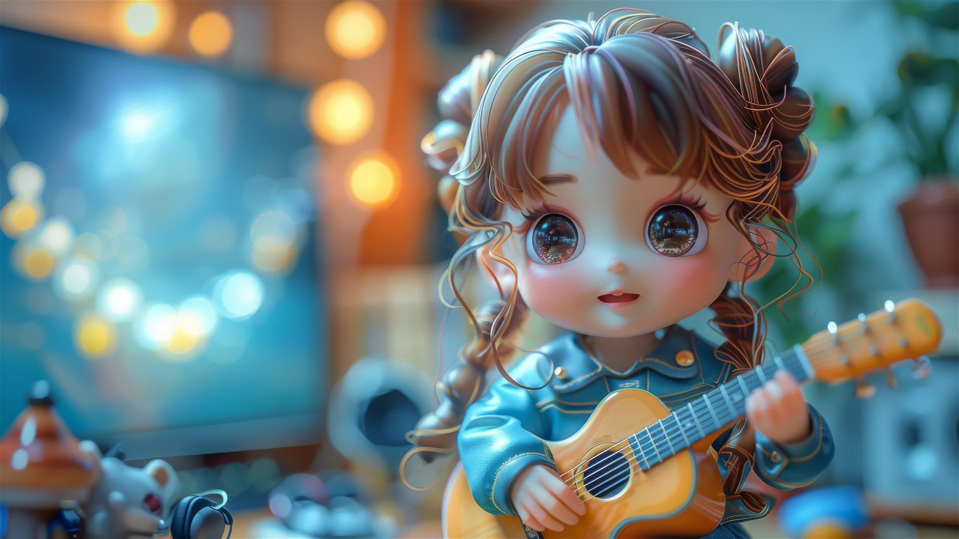 Chubby girl playing guitar in cartoon style with colorful background