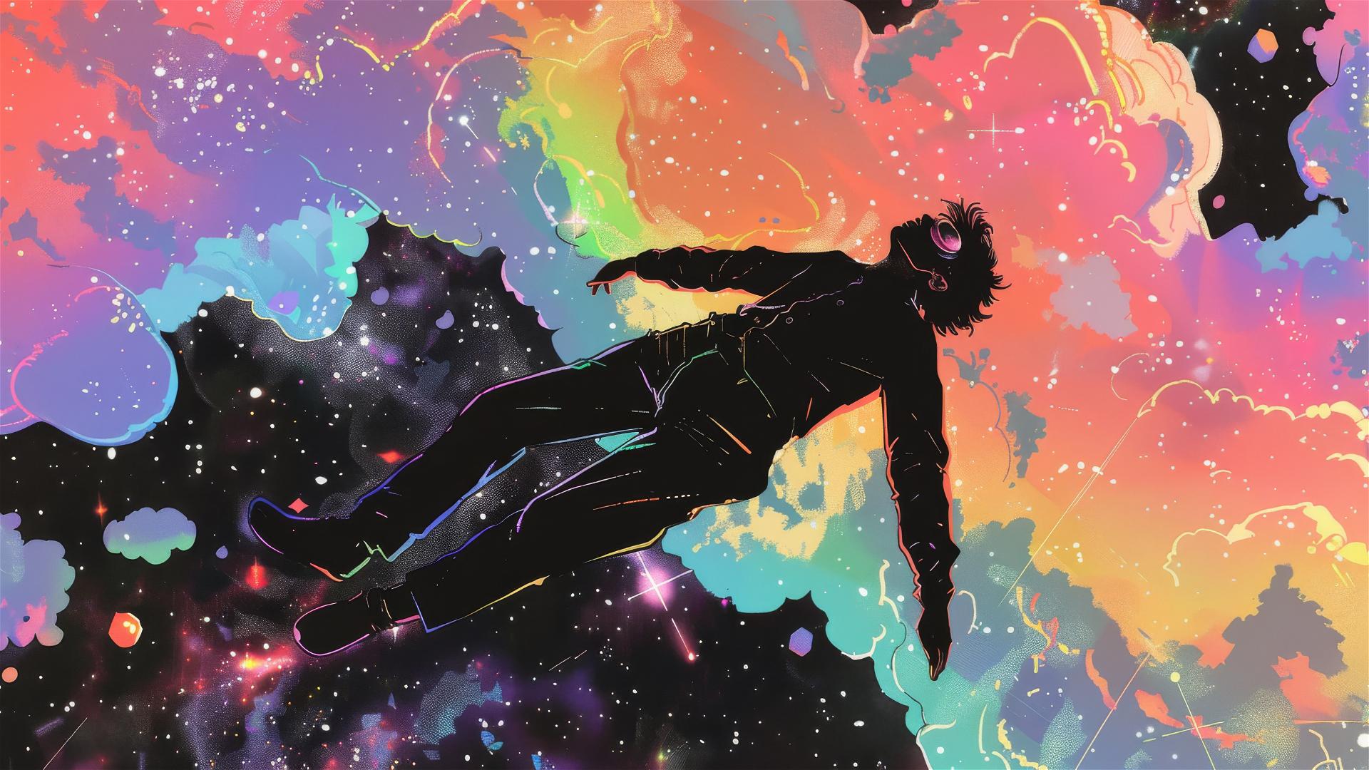 Man floating in neon rainbow space, minimal and psychedelic.
