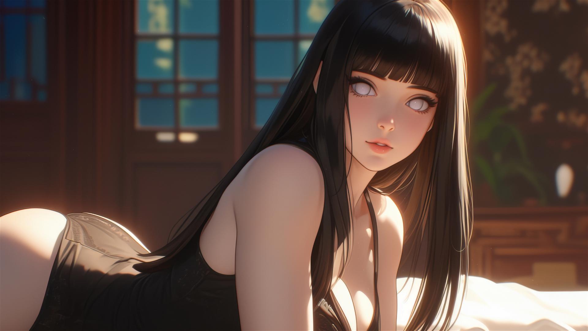 Hinata Hyuga sitting leisurely at a modern hotel with warm light glow
