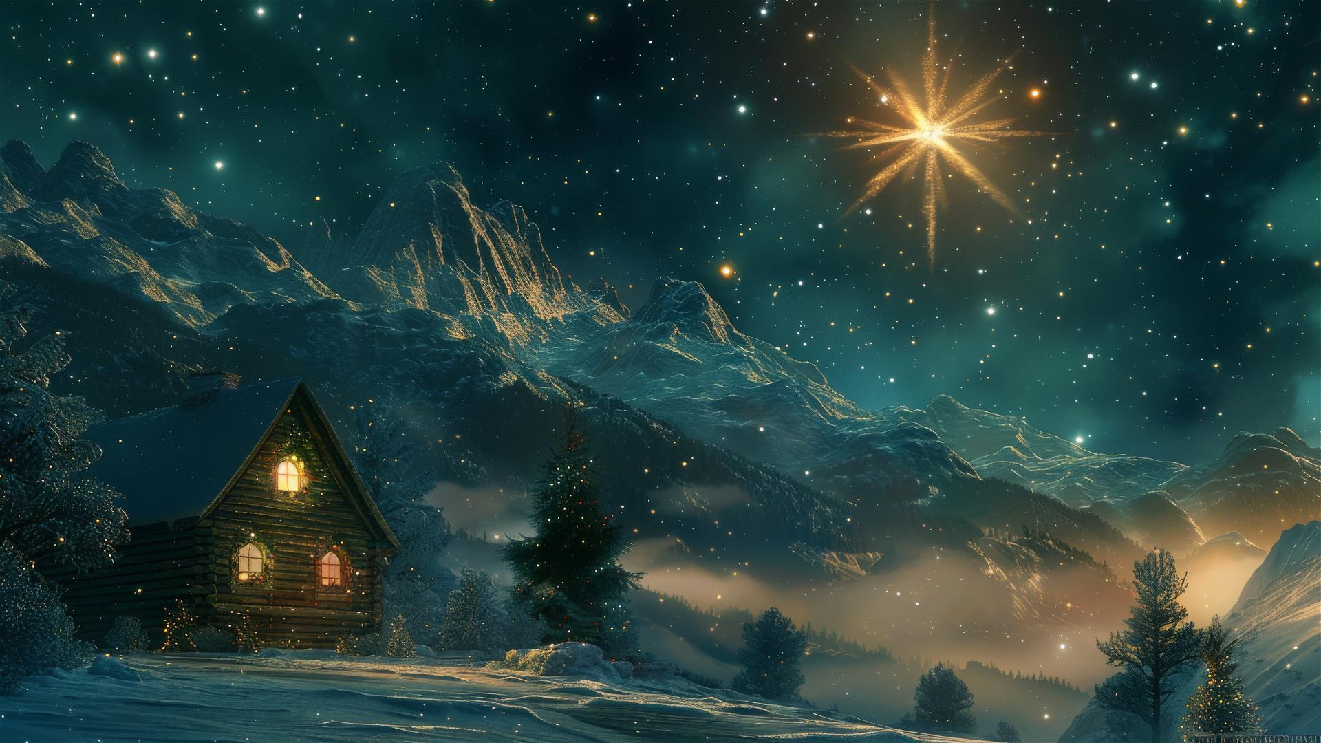 Christmas star over a cabin near mountains with religious chiaroscuro style