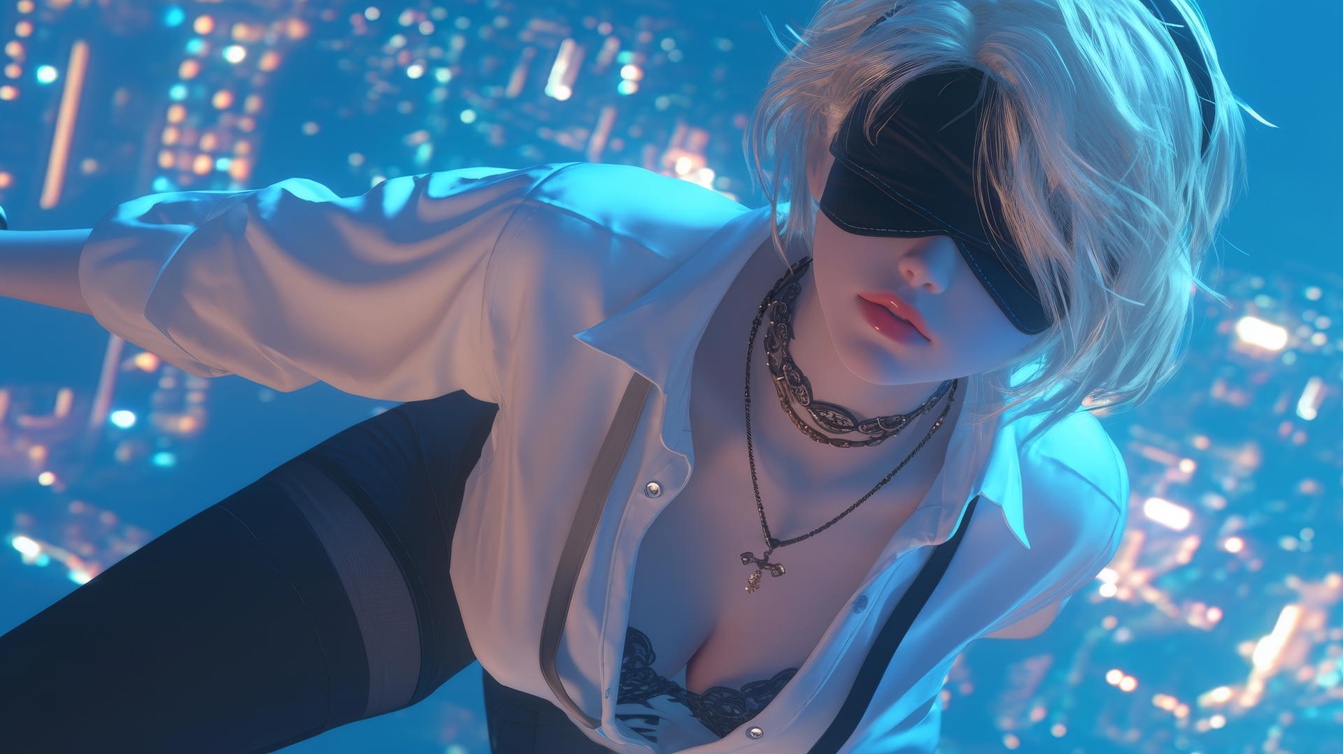 2B from Nier kneeling in a white shirt, looking up, under neon hotel room light.