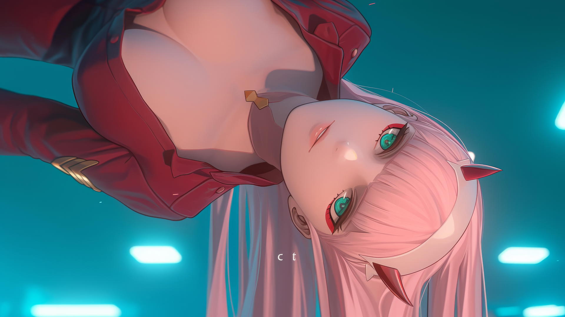 Zero Two from DARLING in the FRANXX with pink hair, kneeling under warm, neon-lit hotel ceiling.