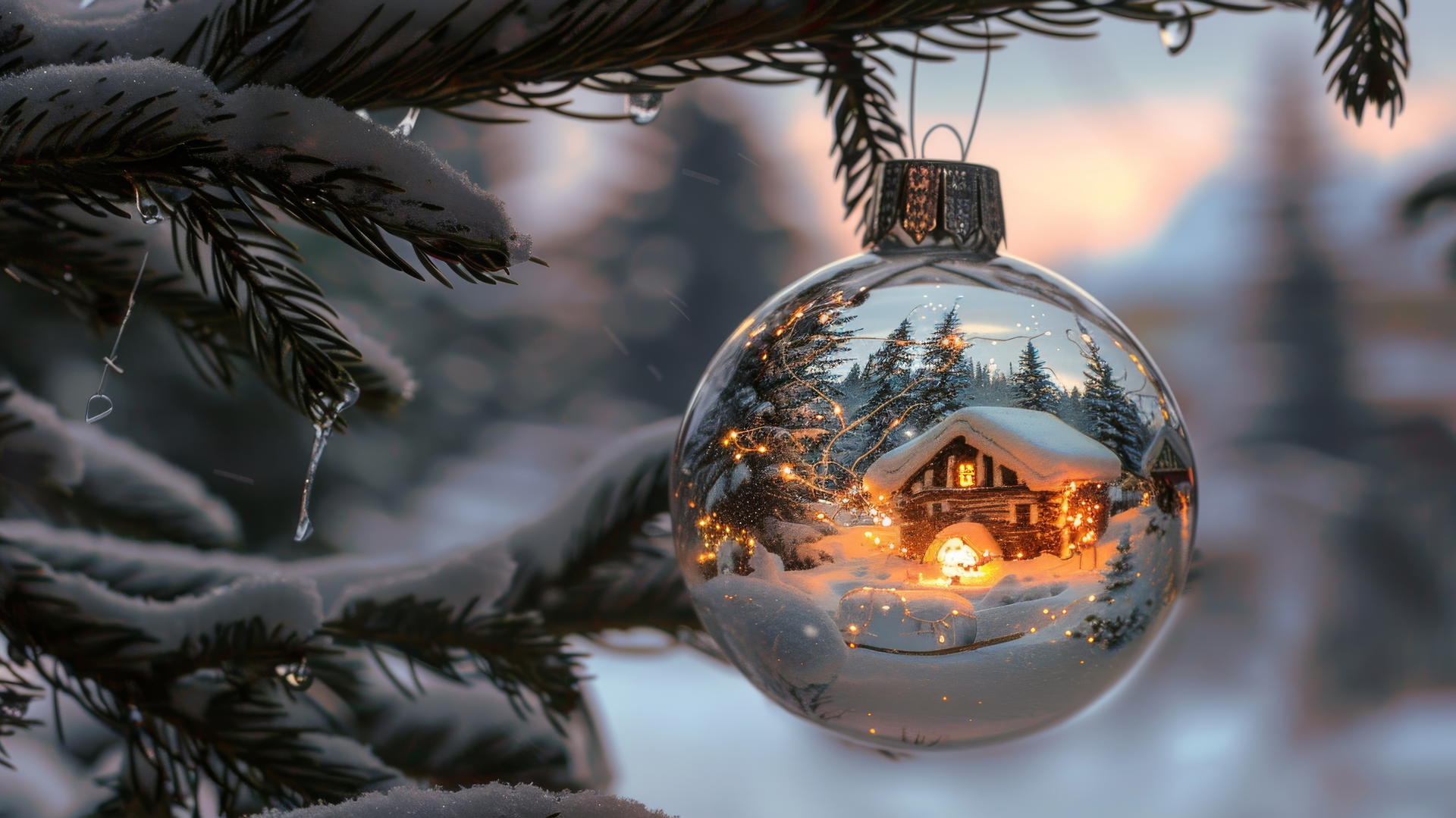 Glass Christmas balls on tree with snow-covered villages inside
