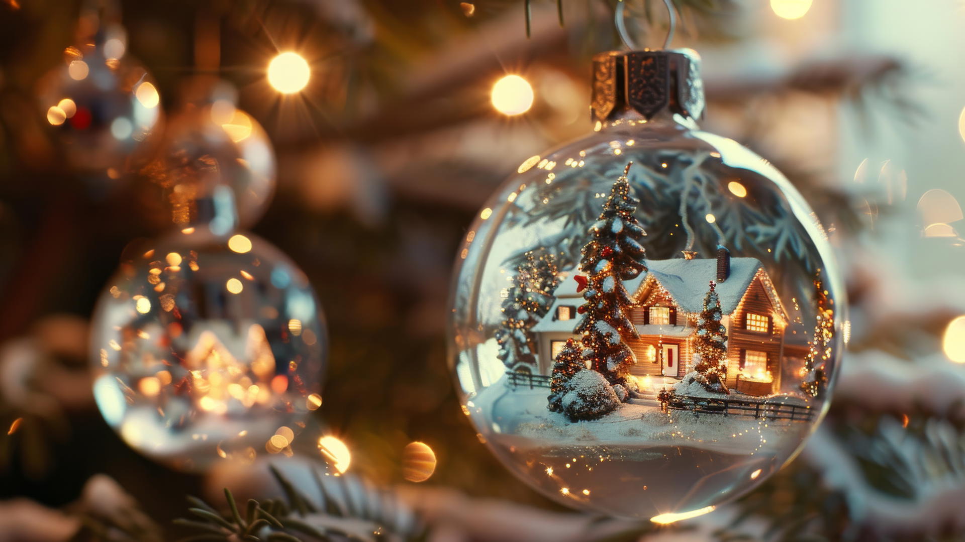 Glass Christmas balls with snow-covered villages hanging on a tree