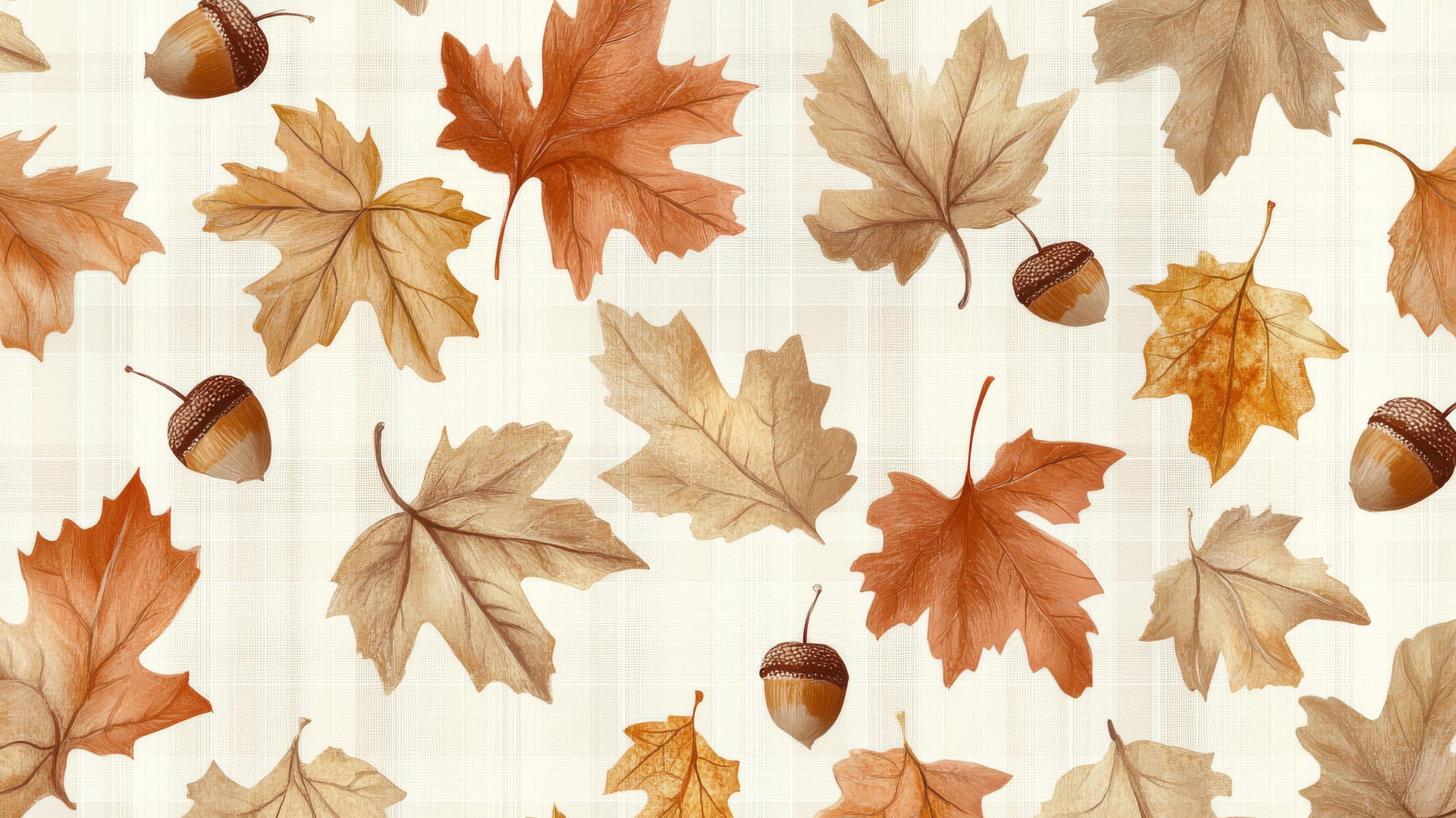 preppy fall wallpaper with pastel autumn leaves, acorns on cream background