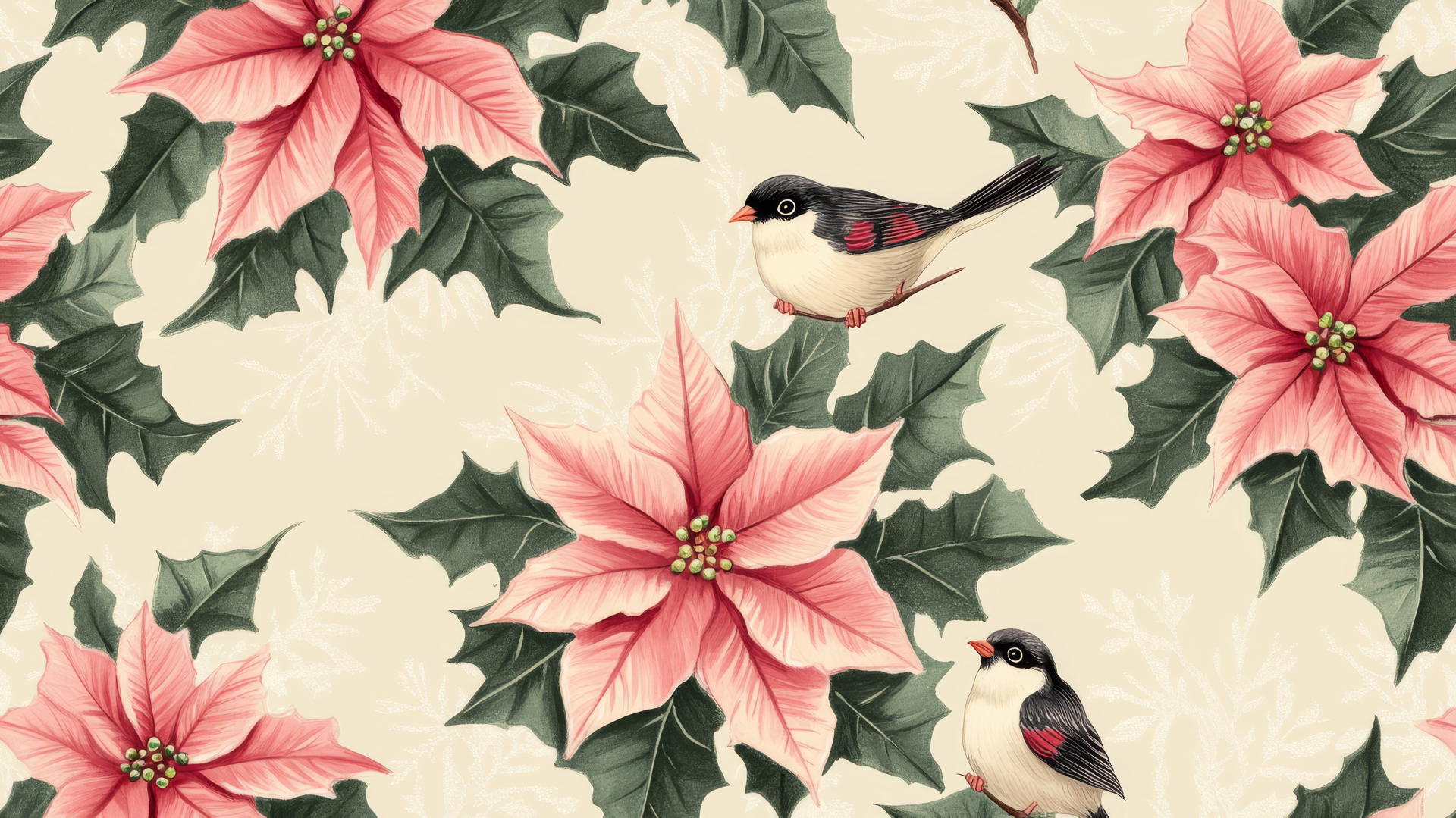 preppy winter wallpaper featuring pink poinsettias with tiny winter birds on pastel beige background