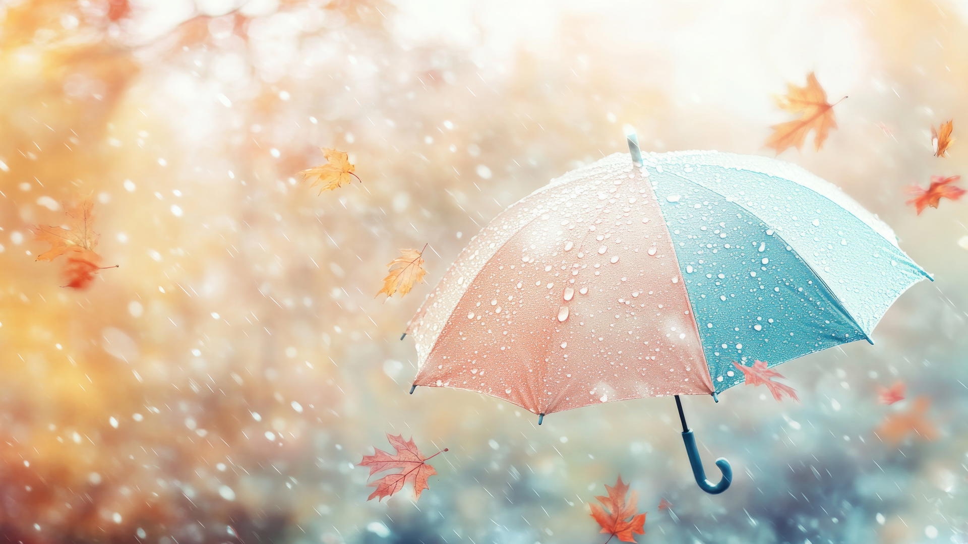 cute fall aesthetic wallpapers with pastel umbrella, raindrops, and fall leaves