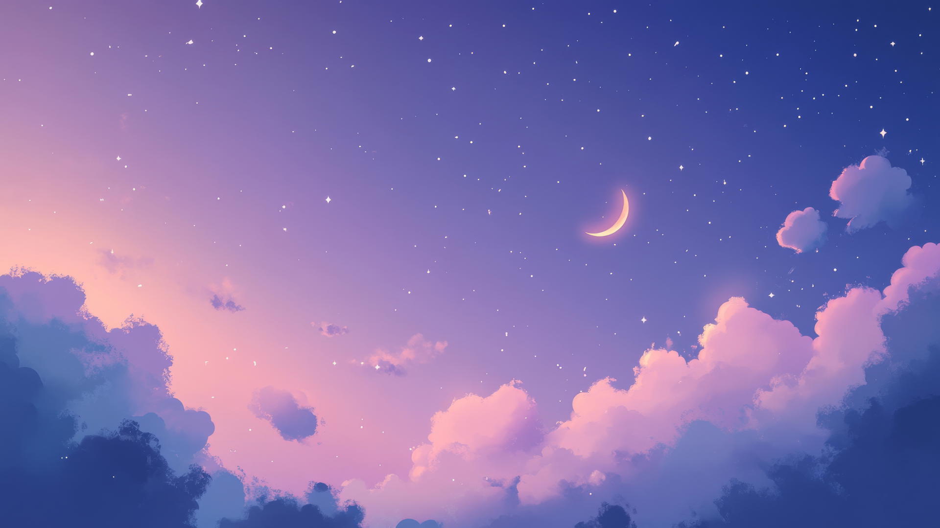 cute wallpapers aesthetic with dreamy night sky, cartoon clouds, moon, and stars