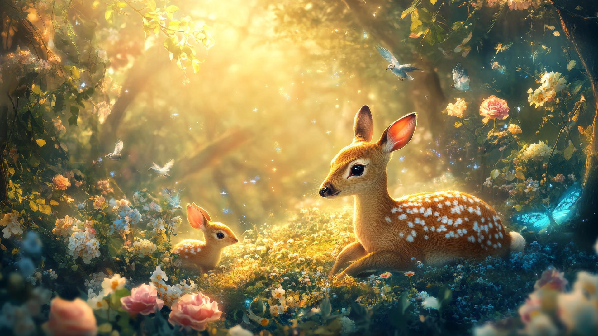 cute wallpapers for girls with an enchanted forest, deer, birds, and bunnies