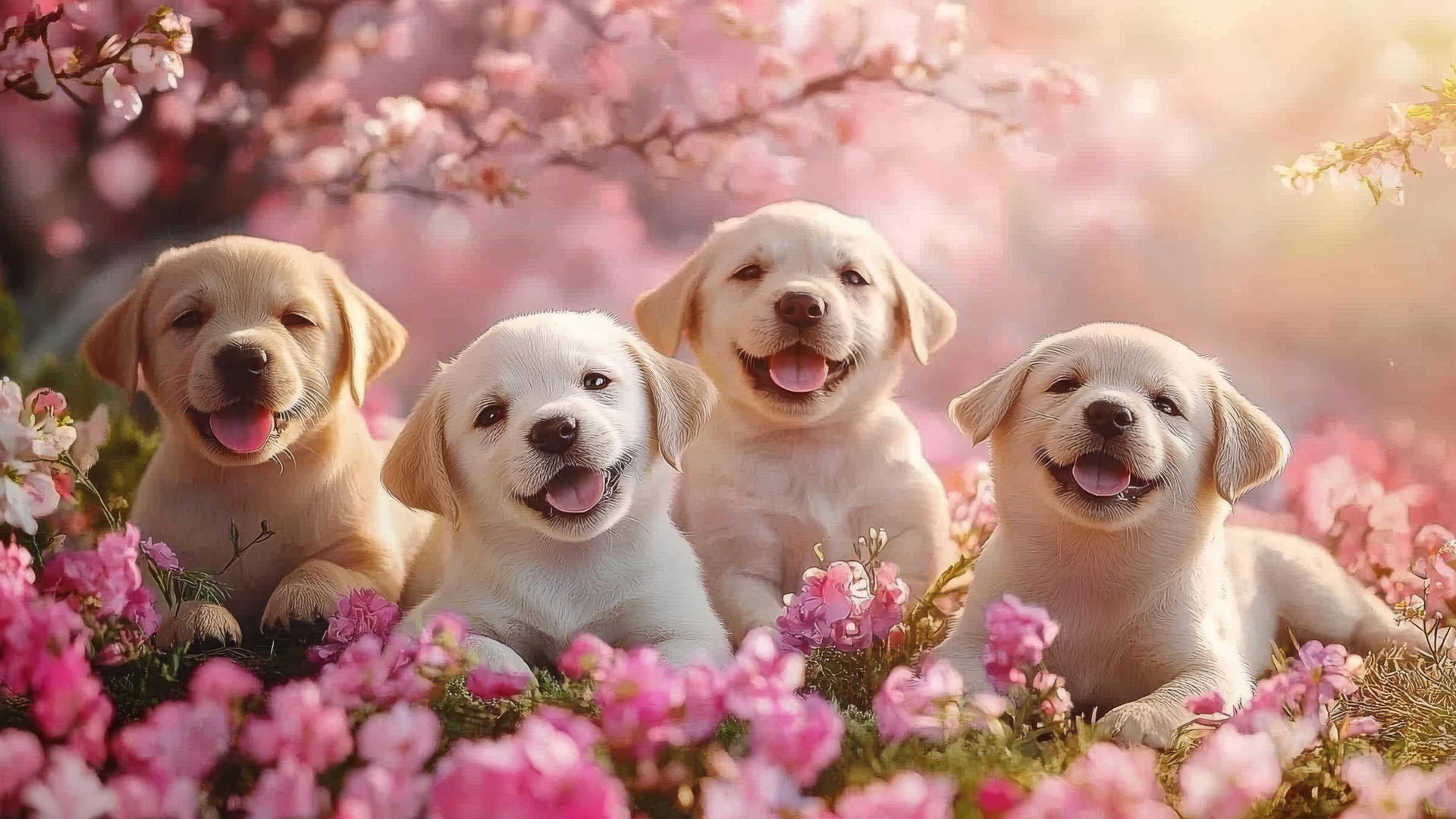 Pink cute puppy wallpaper with puppies playing in a park, pastel flowers and trees