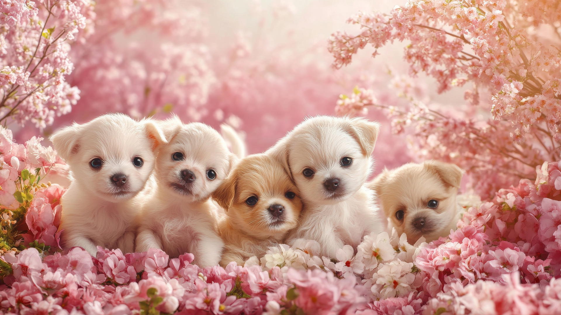 Pink cute puppy wallpaper with puppies playing in a park with pastel flowers and trees.