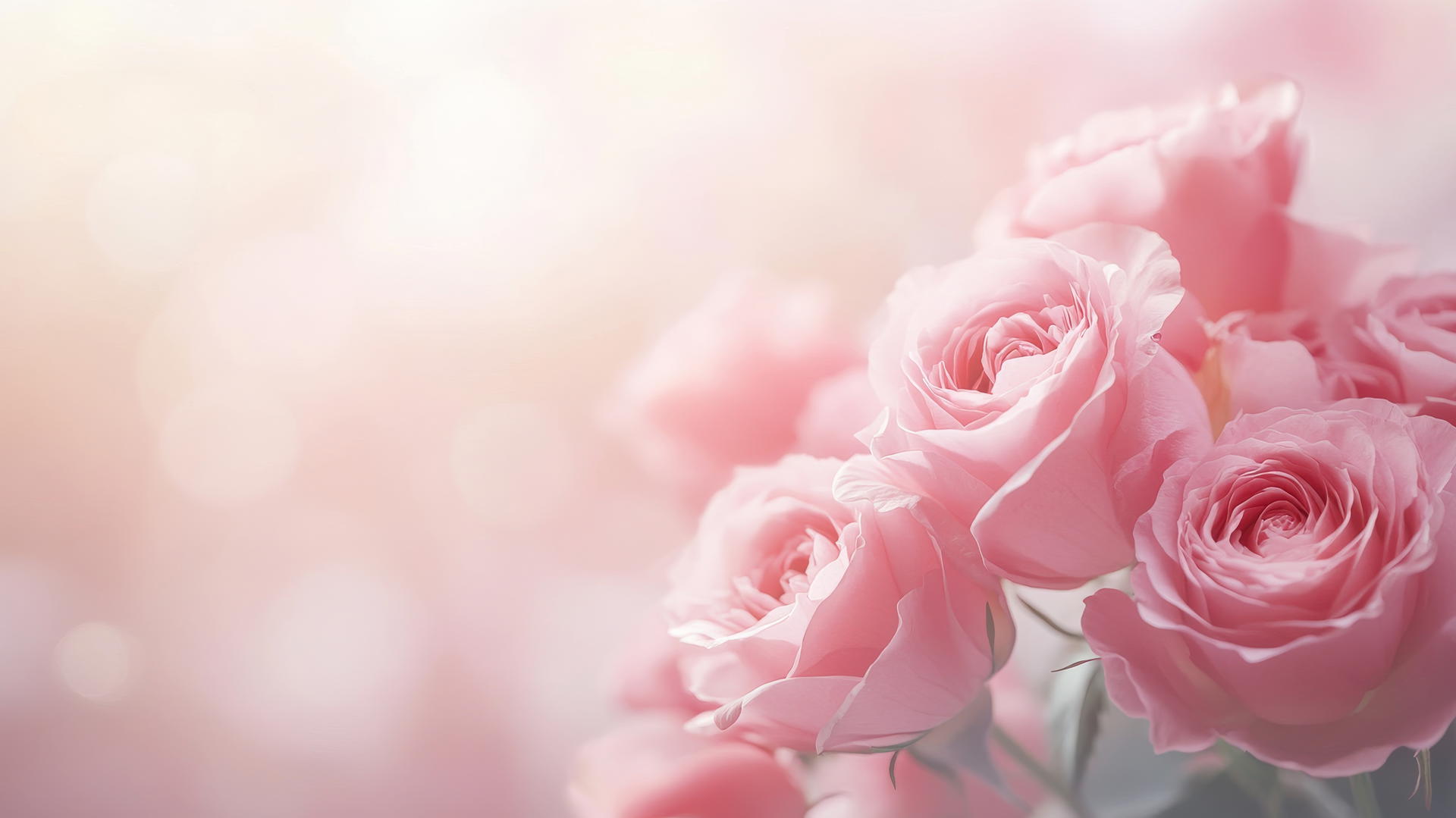 Light pink wallpaper with soft-focus floral arrangement of roses and peonies.