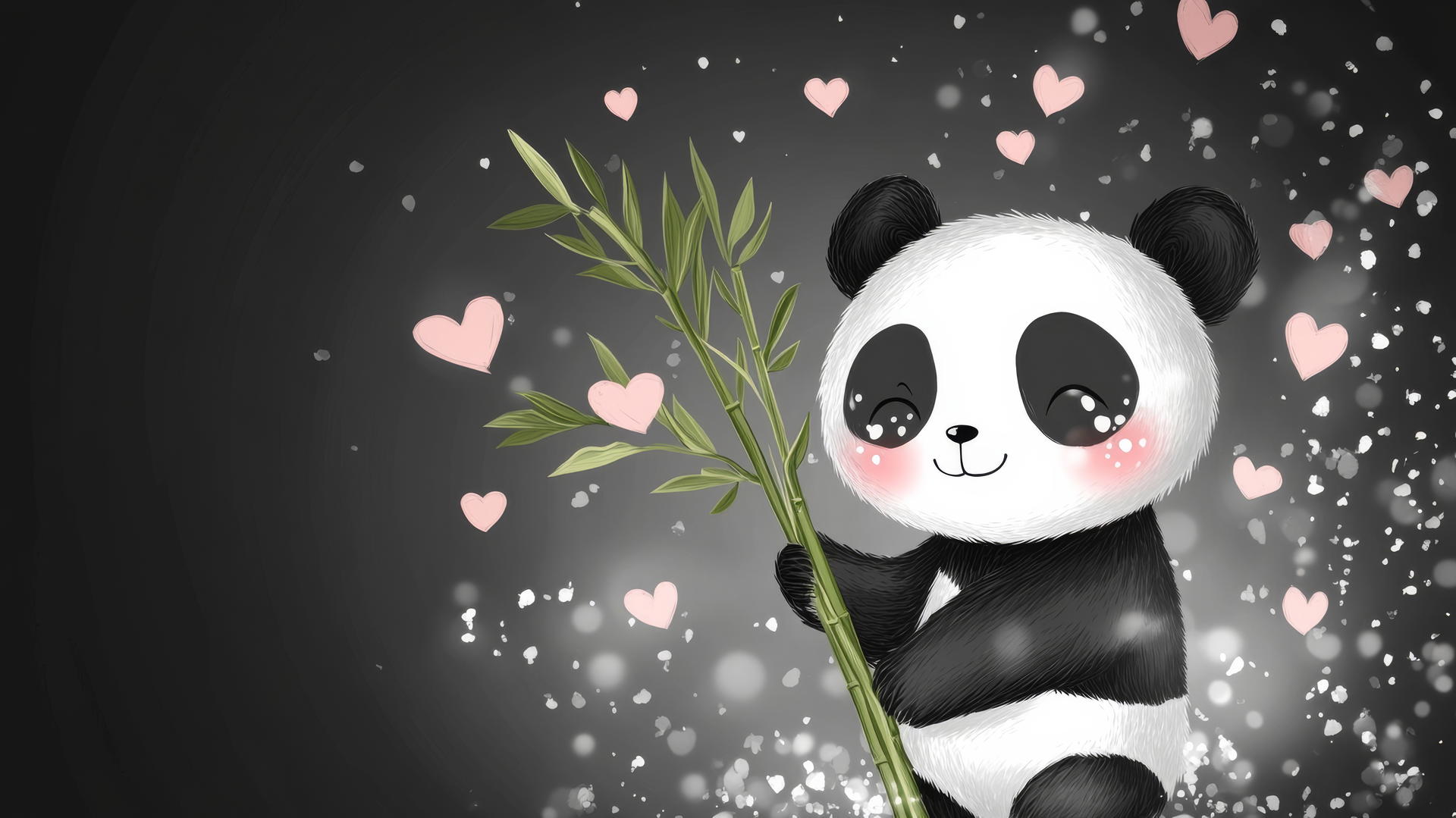 A cute black wallpaper with a kawaii-style panda bear holding a bamboo shoot, pink blushes on its cheeks, floating hearts.