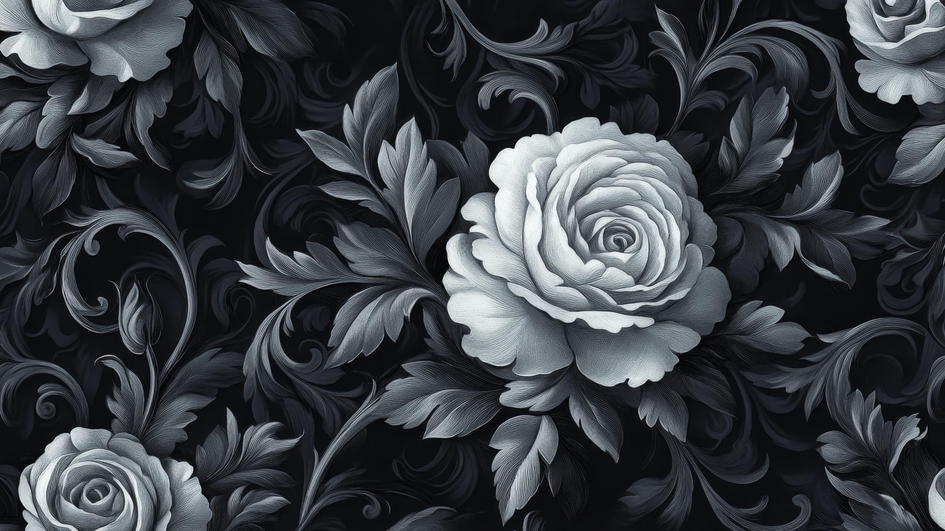 black and white floral wallpaper with ornate roses and swirling leaves