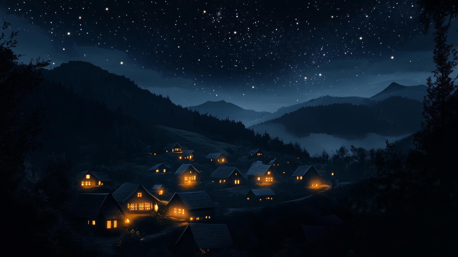 aesthetic wallpaper black, night scene of quiet village with dimly lit windows, rolling hills, star-filled sky