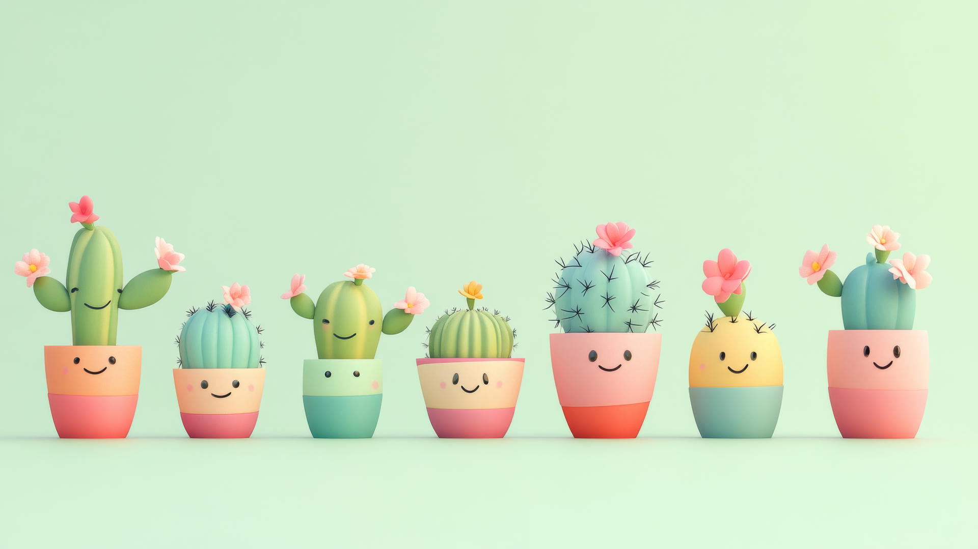 Cute green wallpaper with smiling cacti in colorful pots