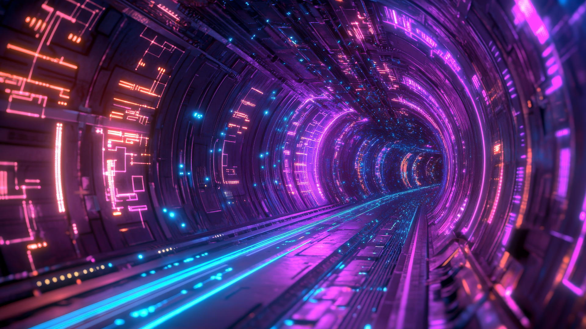 cyber y2k wallpaper with neon-lit digital tunnel, glowing circuits, and pixelated debris