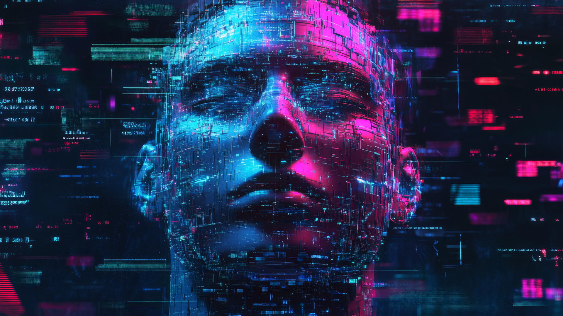 cyber Y2K wallpaper with a glitchy digital face, neon circuits, pixelated elements, binary code