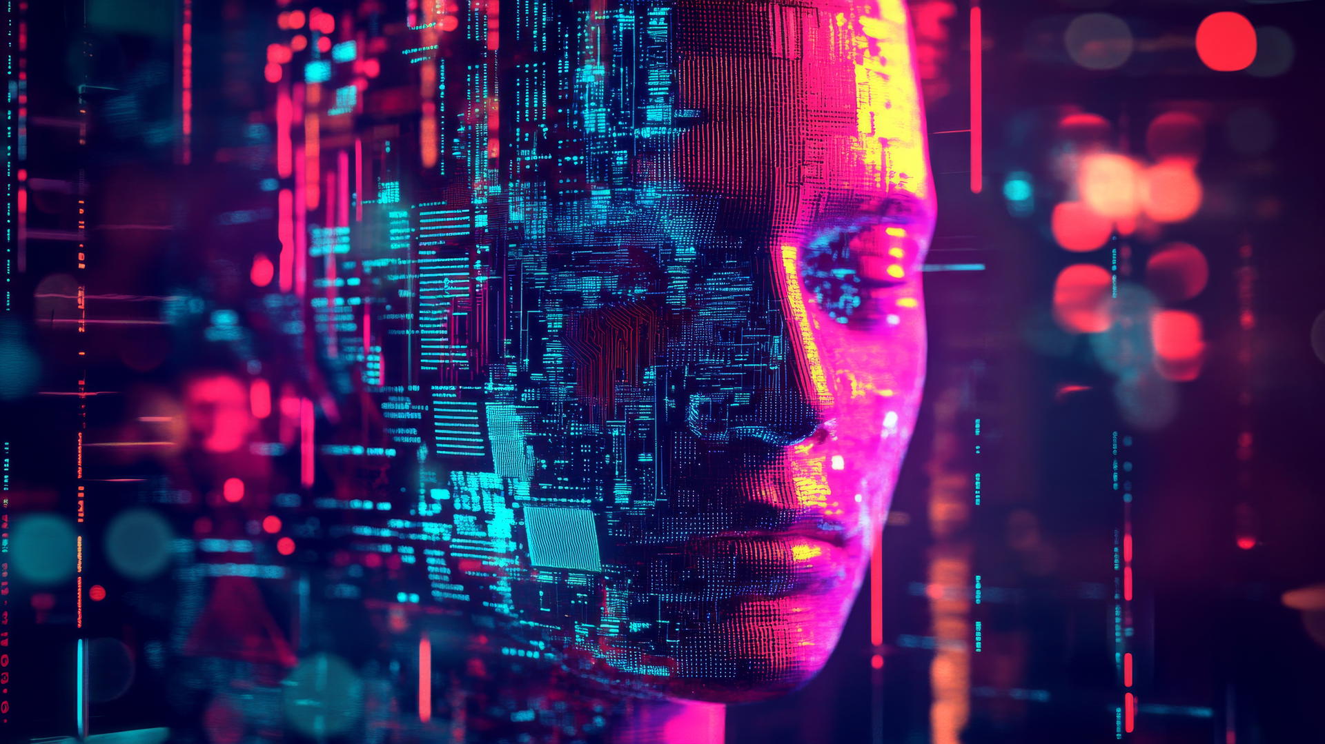 cyber Y2K wallpaper with glitchy digital face, neon circuits, and binary code