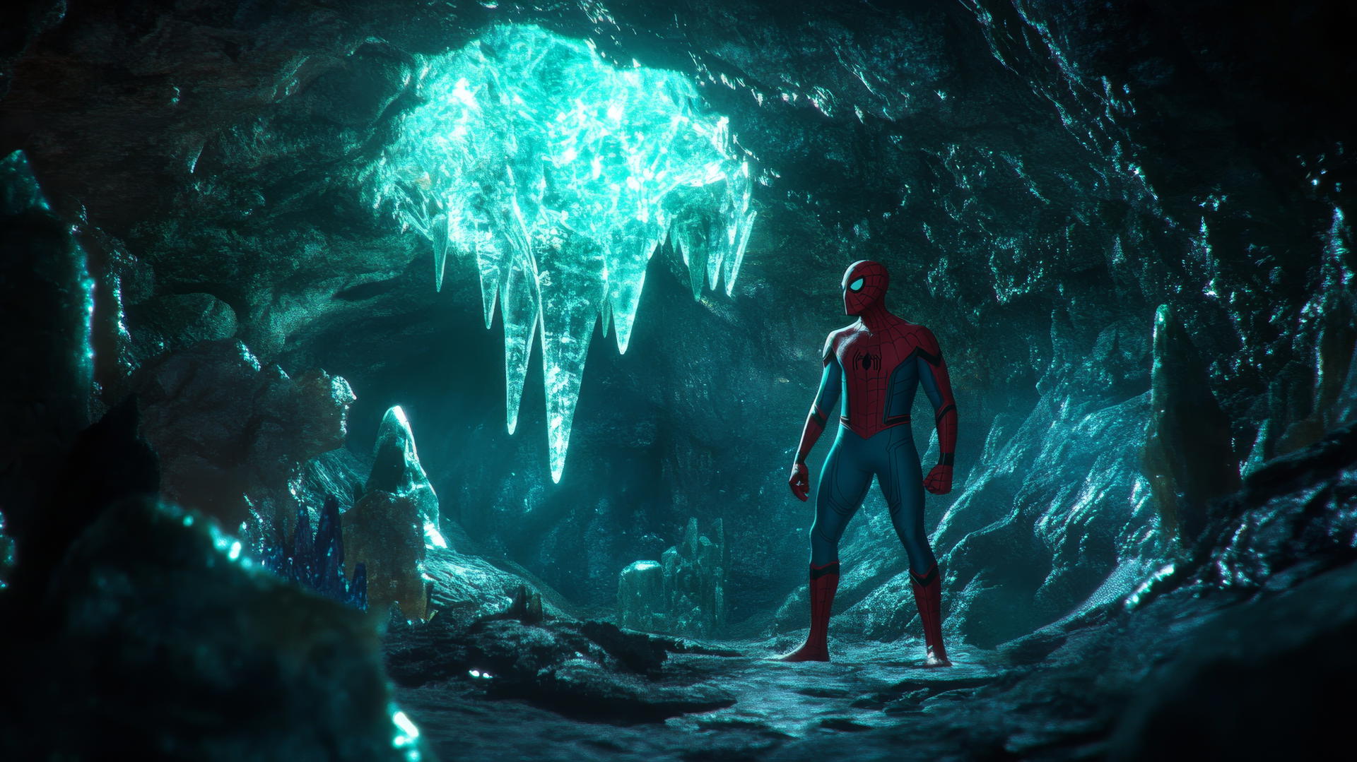 wallpaper Spider-Man in a mystical cave with glowing crystals and runes