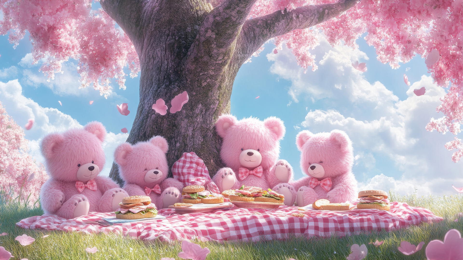 Cute pink wallpaper with fluffy pink teddy bears having a picnic under a tree