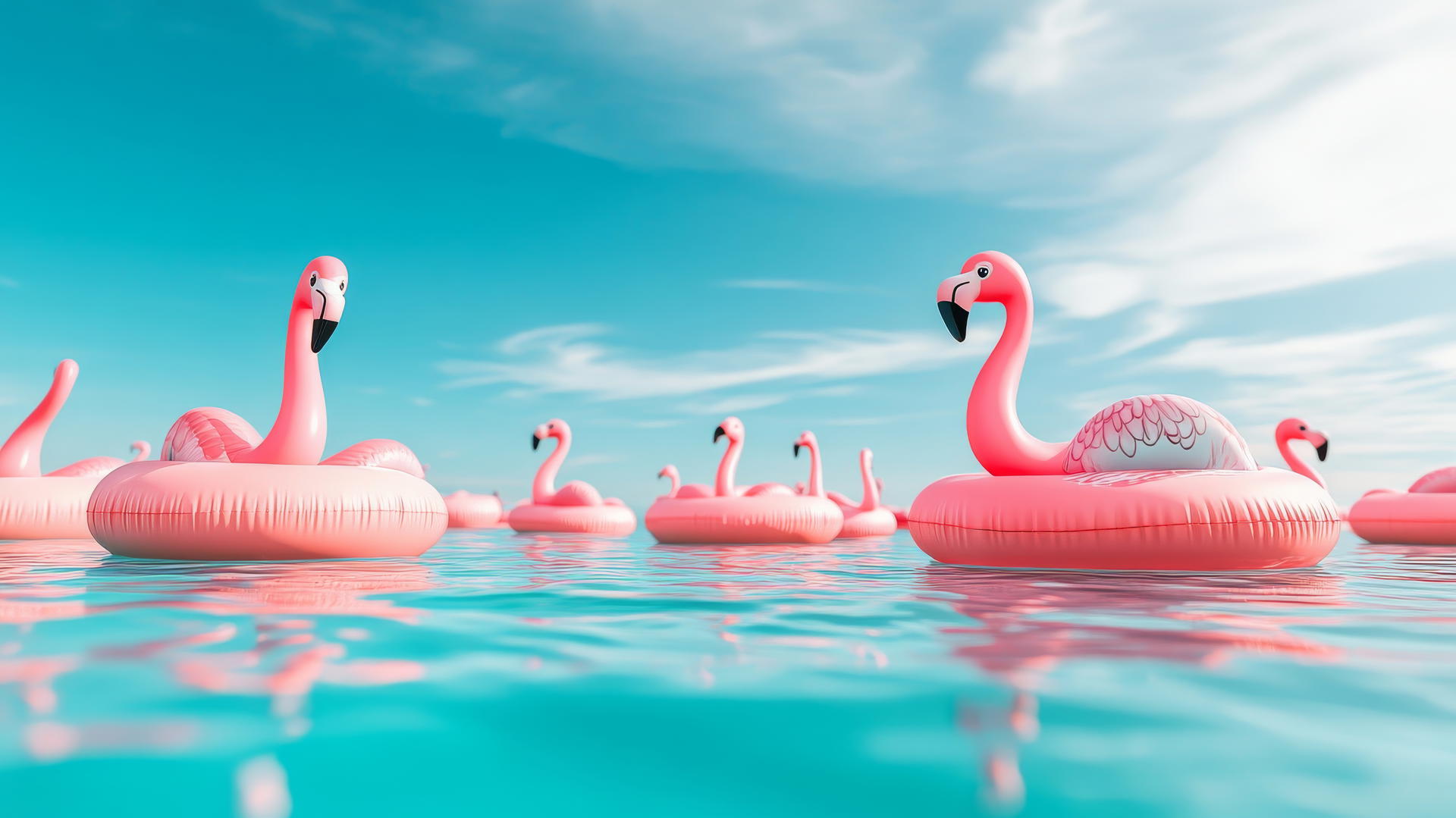 Cute summer wallpaper with inflatable flamingo floaties in a swimming pool under a blue sky.