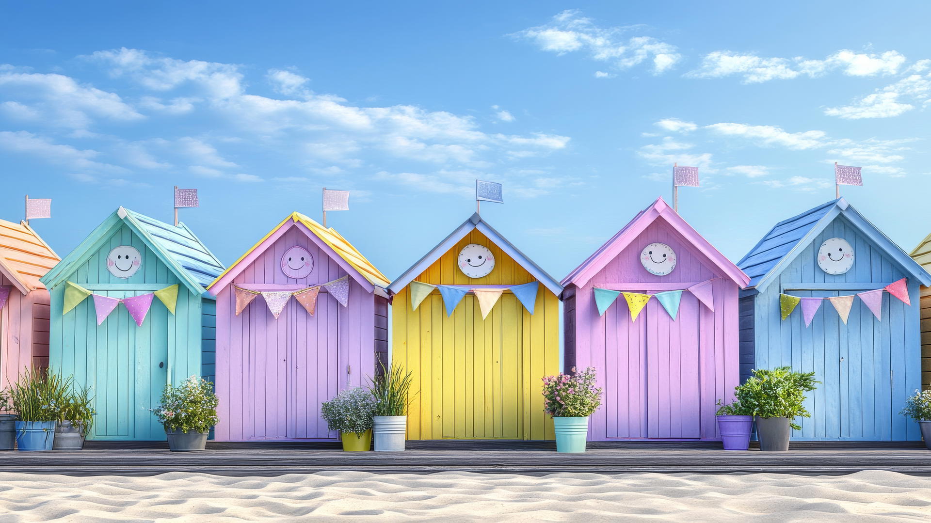 Cute summer wallpaper with colorful beach huts, smiling faces, decorations