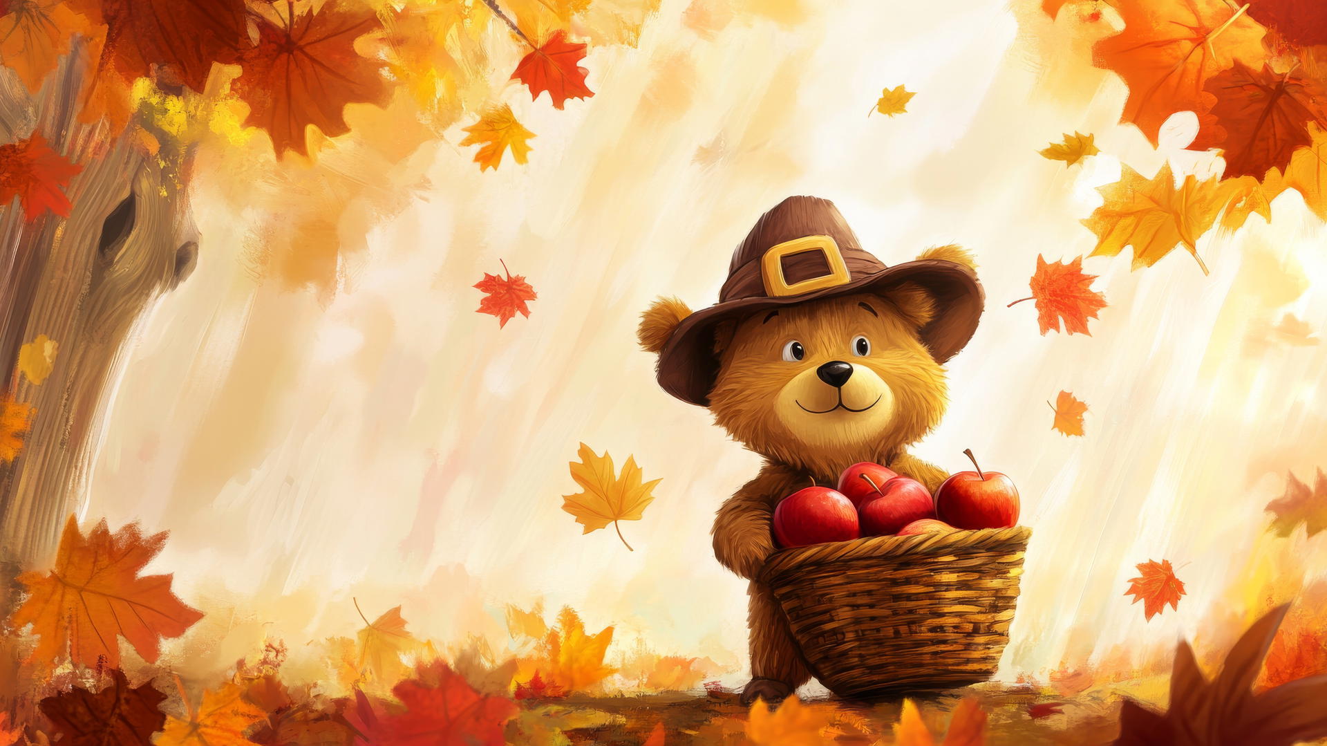 Thanksgiving wallpaper cute, cartoon bear with pilgrim hat, basket of apples, falling leaves