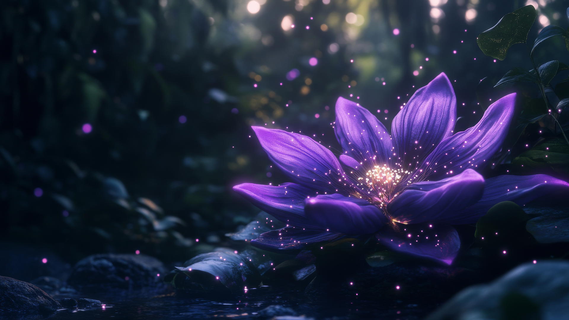 A fantasy-inspired purple flower wallpaper with glowing petals, fairy lights, and sparkles.
