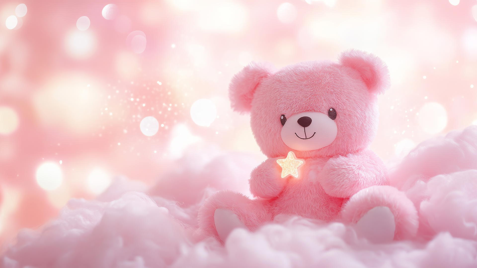cute pink wallpaper with a kawaii bear holding a tiny star on a fluffy pink cloud