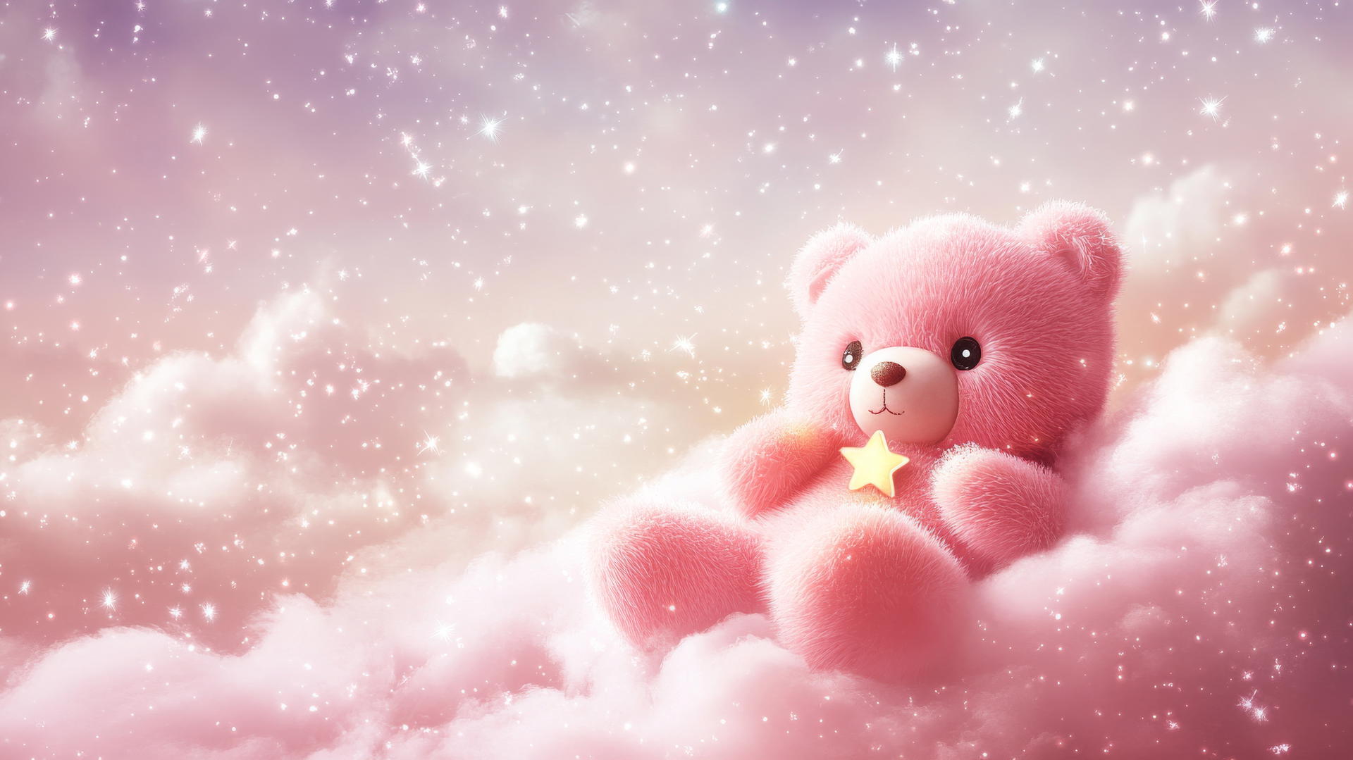cute pink wallpaper with kawaii pink bear holding a tiny star on a fluffy cloud