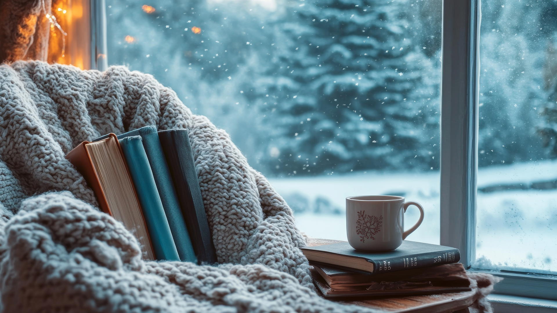 cozy winter iPhone wallpaper with a reading nook, knit blanket, books, and tea