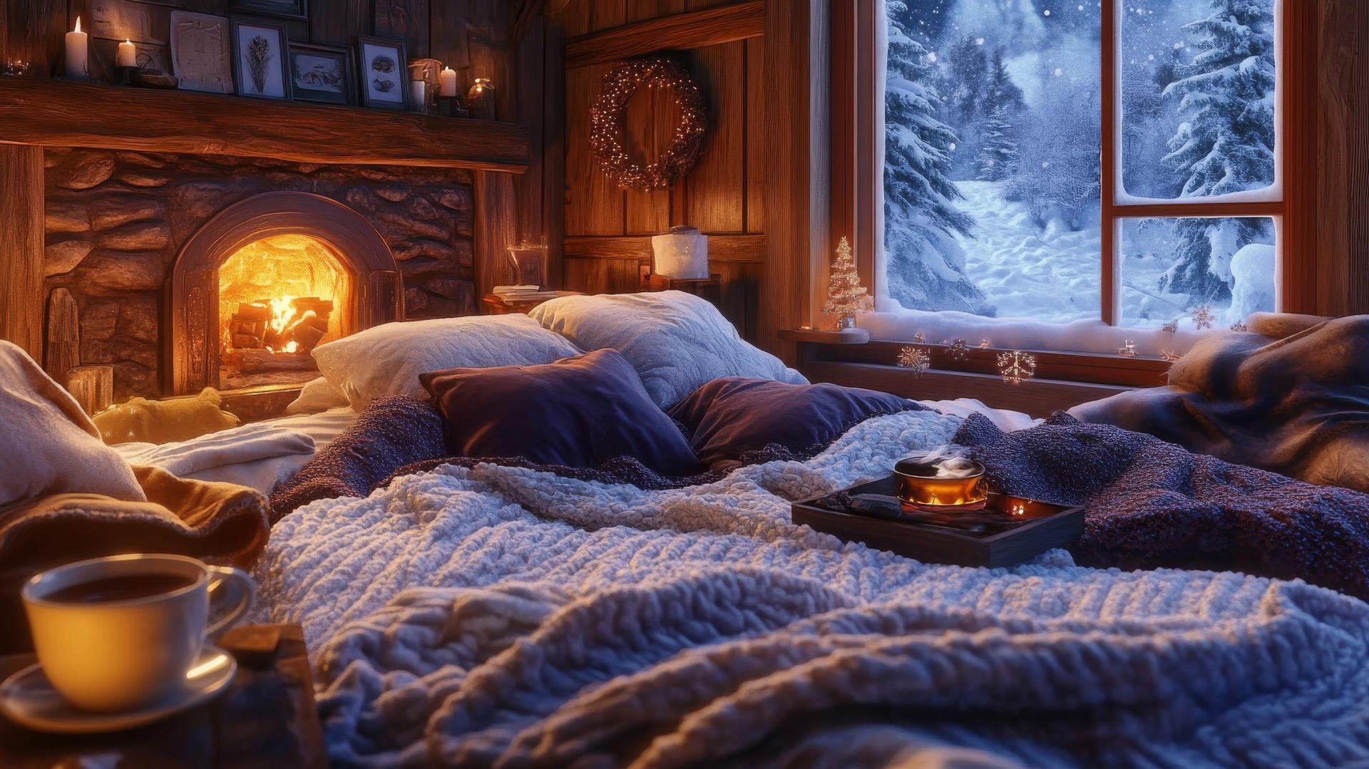 cozy winter iPhone wallpaper with a bed piled with blankets and pillows, tea, and fireplace glow