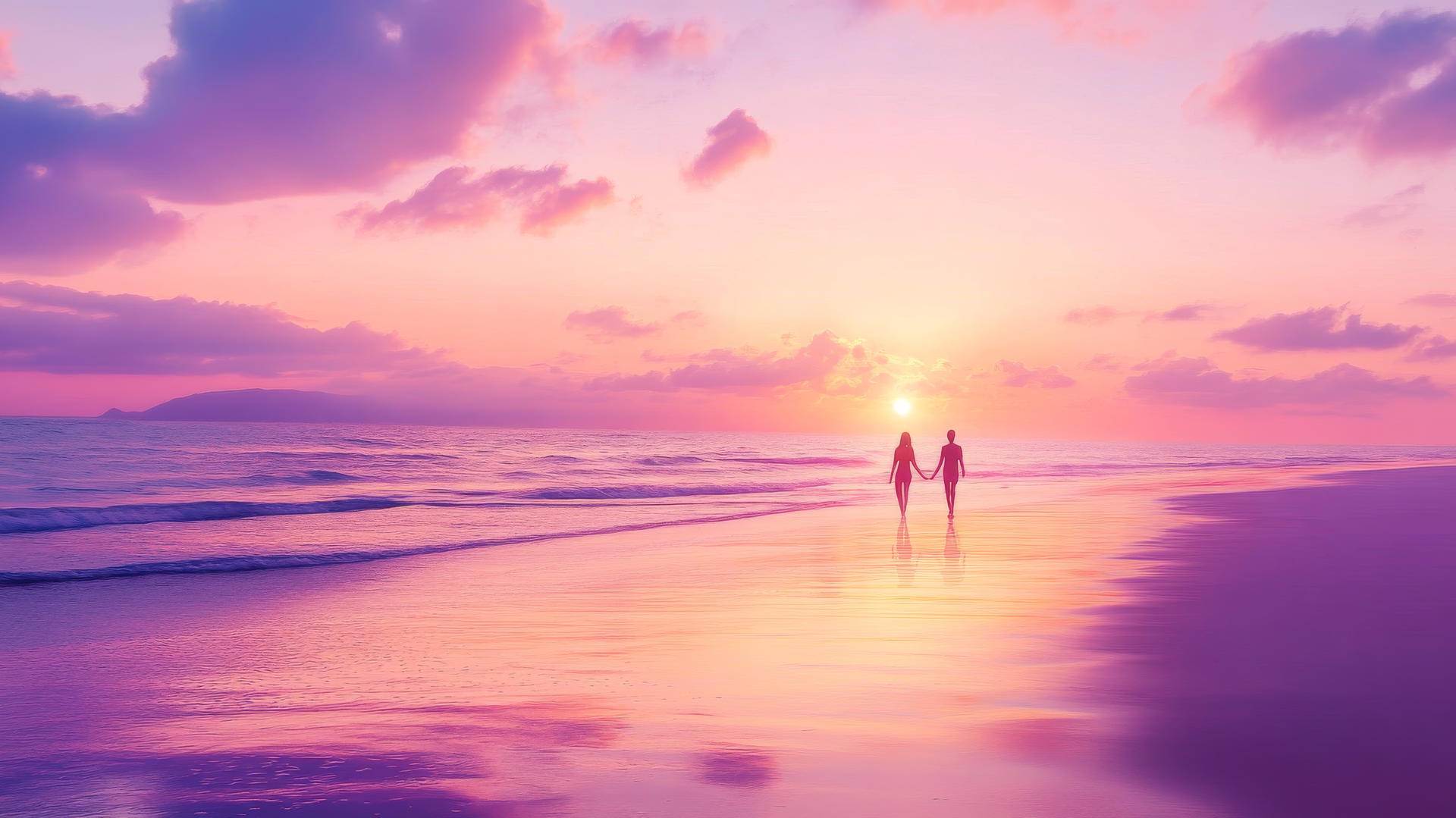 Romantic beach sunset wallpaper with pastel pink and lavender skies, soft golden sunlight, and a couple walking by the water.