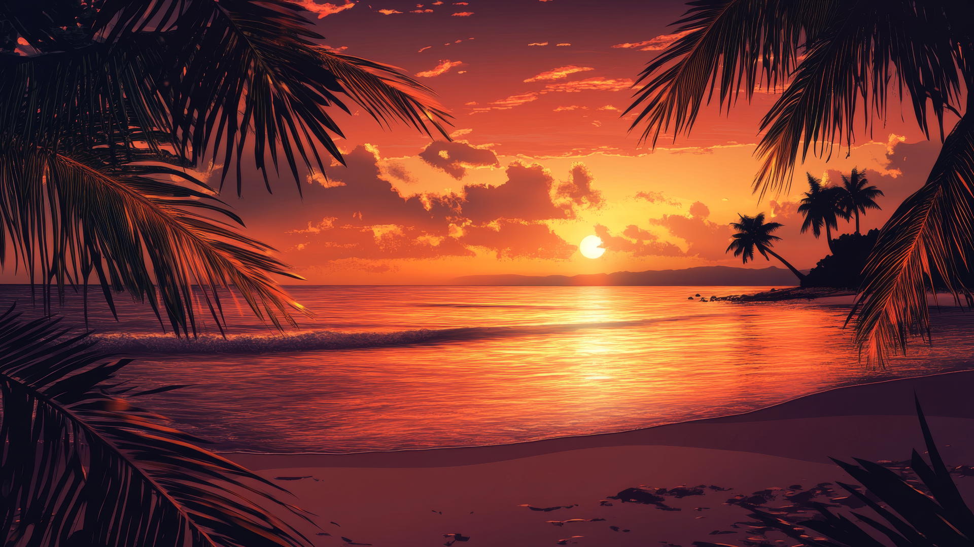 Tropical beach wallpaper at sunset with fiery orange skies and palm tree silhouettes