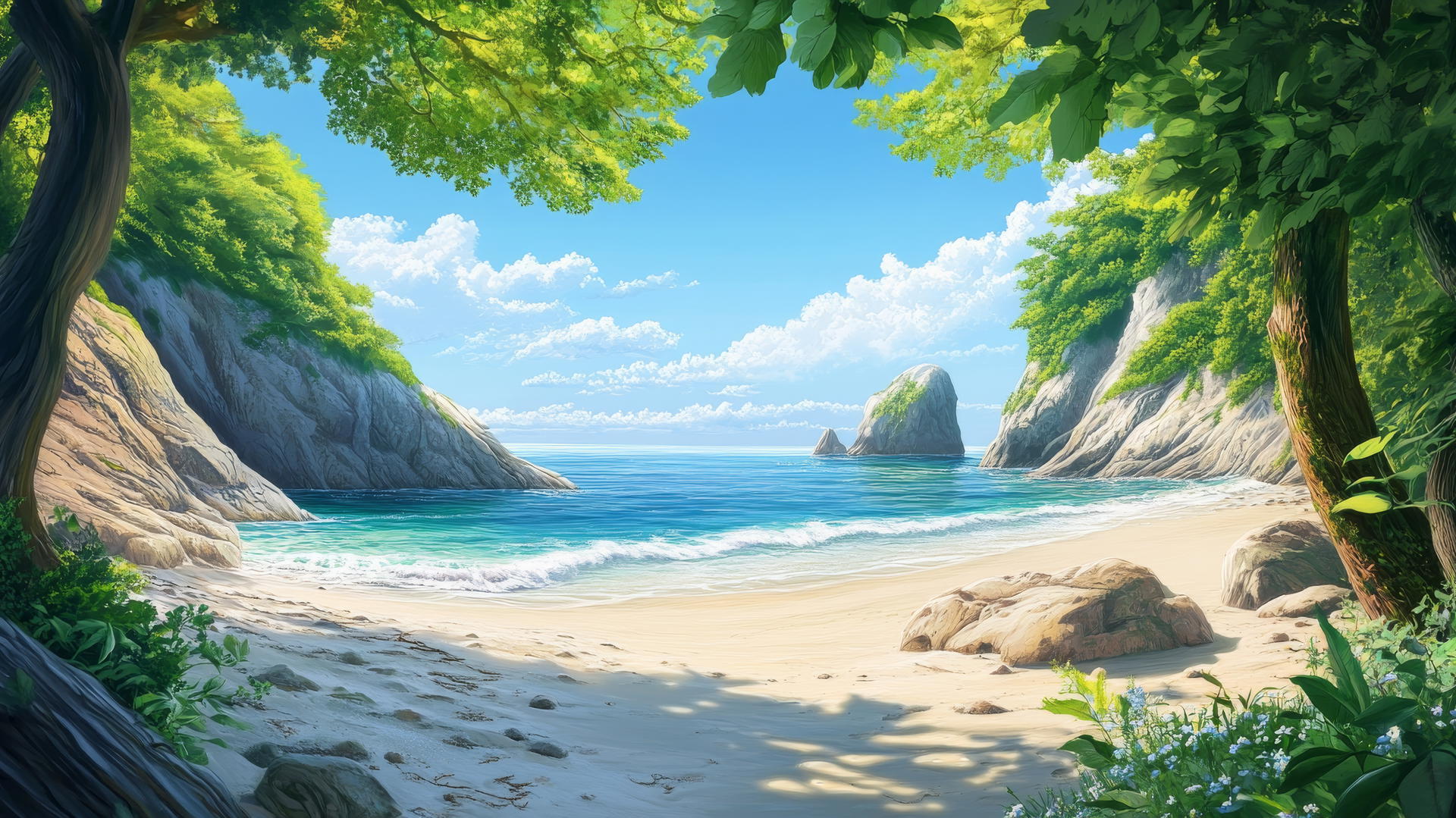 A peaceful beach background wallpaper featuring a hidden cove with soft sand, rugged rocks, gentle waves, cliffs, and wild greenery.