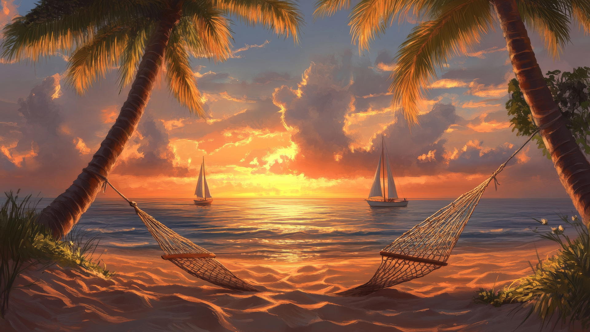 beach theme wallpaper with soft sand, hammock, palm trees, sailboats at sunset