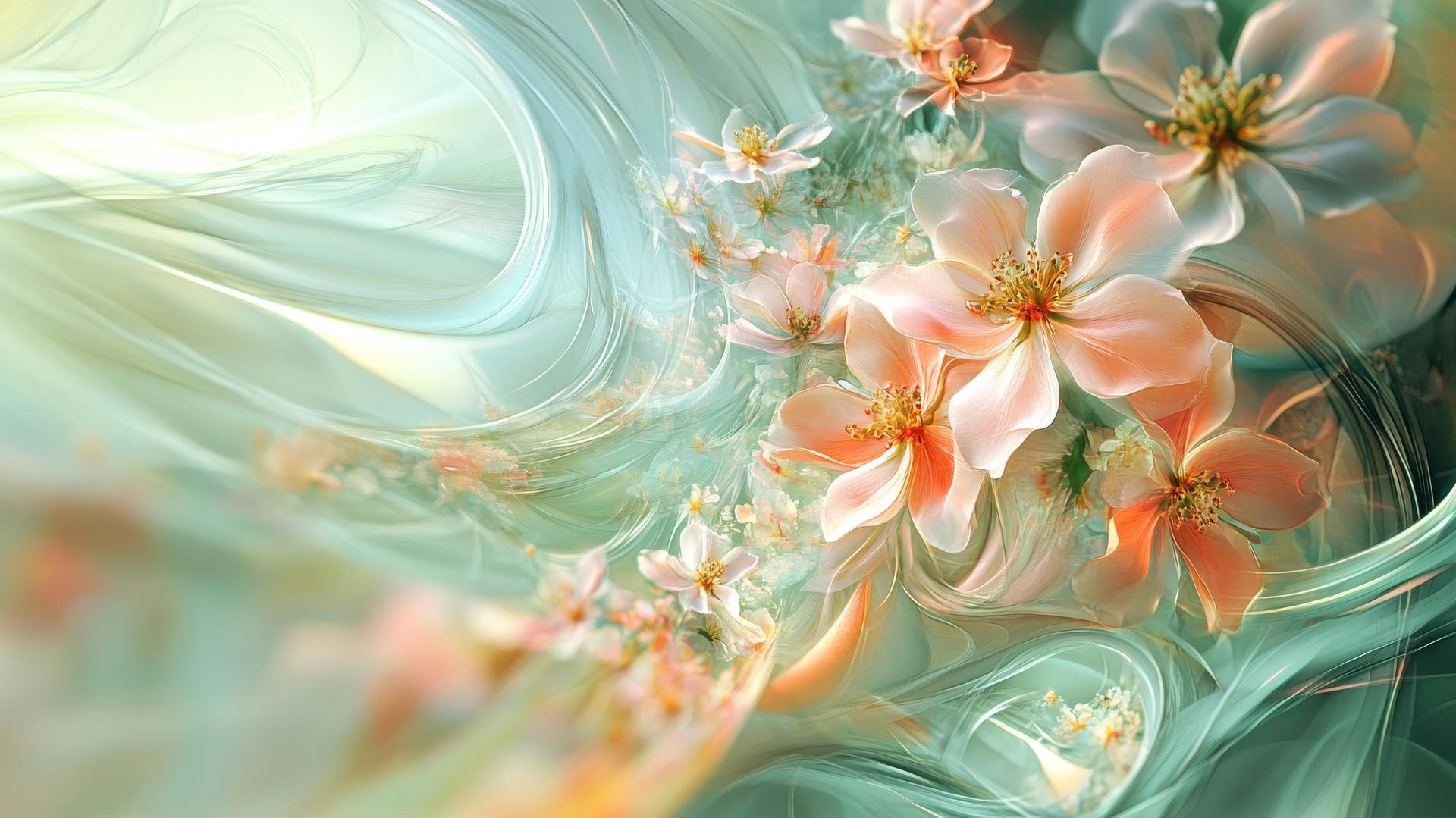 abstract digital spring wallpaper with swirling floral elements and light colors