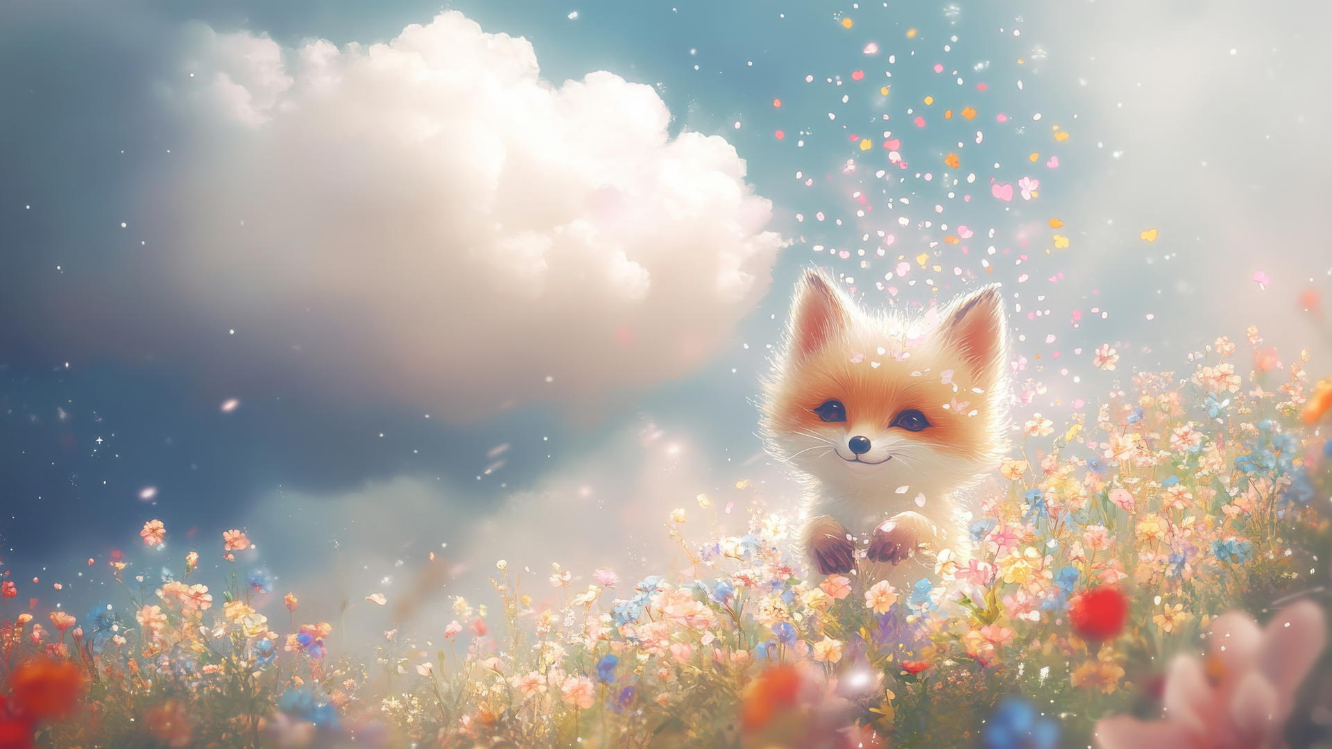 cute spring wallpaper with colorful flowers raining over a smiling baby fox