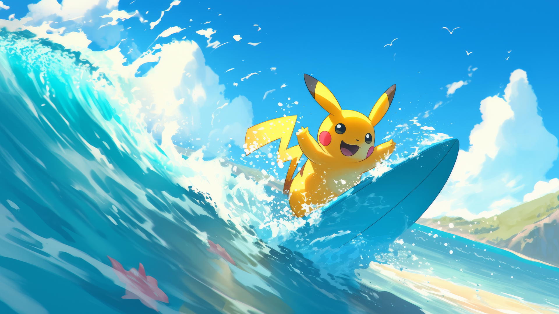 Cartoon Pikachu surfing on a large surfboard, bright and playful.