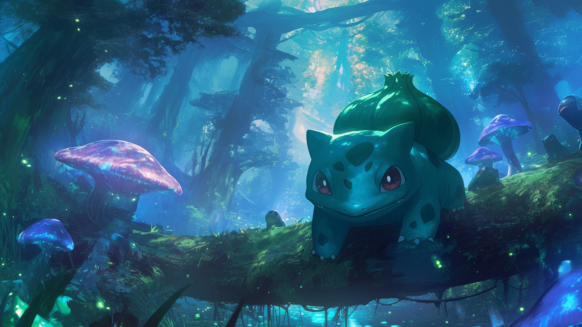 Pokemon Bulbasaur in an enchanted forest with glowing mushrooms