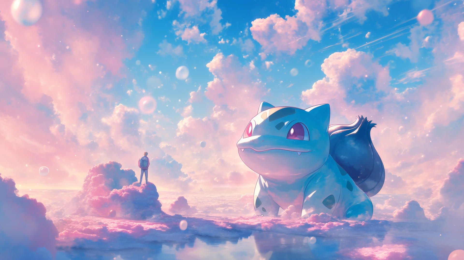 Pokemon Bulbasaur in dreamy pastel world with cotton candy clouds and floating islands