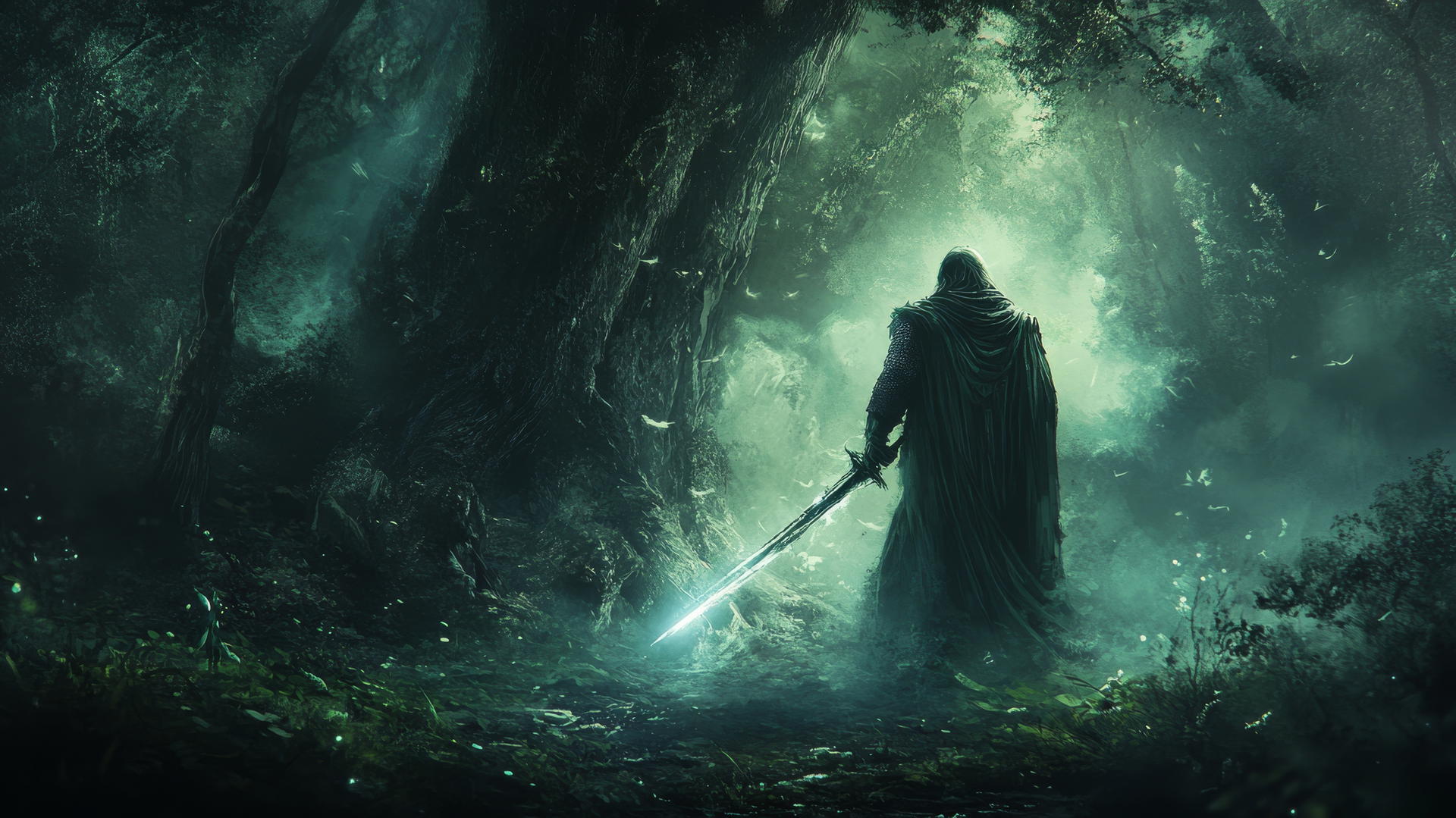 cool wallpapers for boys featuring a dark forest with a warrior holding a glowing sword