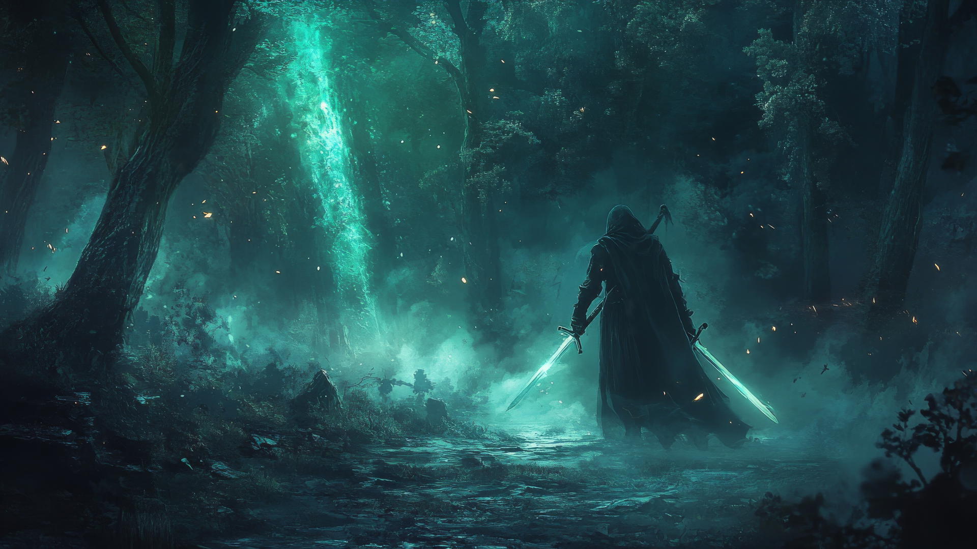 Cool wallpapers for boys with a dark forest and a warrior holding a glowing sword