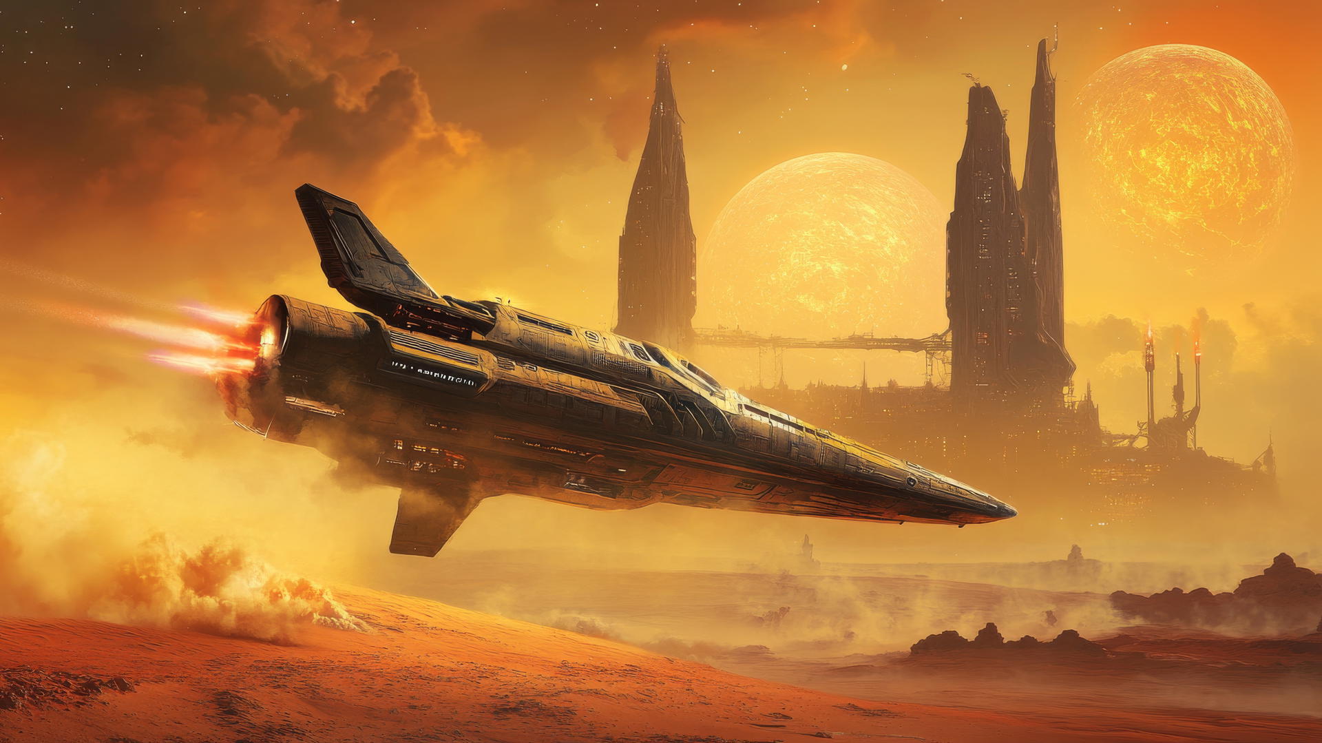 Futuristic spaceship flying over a desert planet with glowing alien structures in the background.