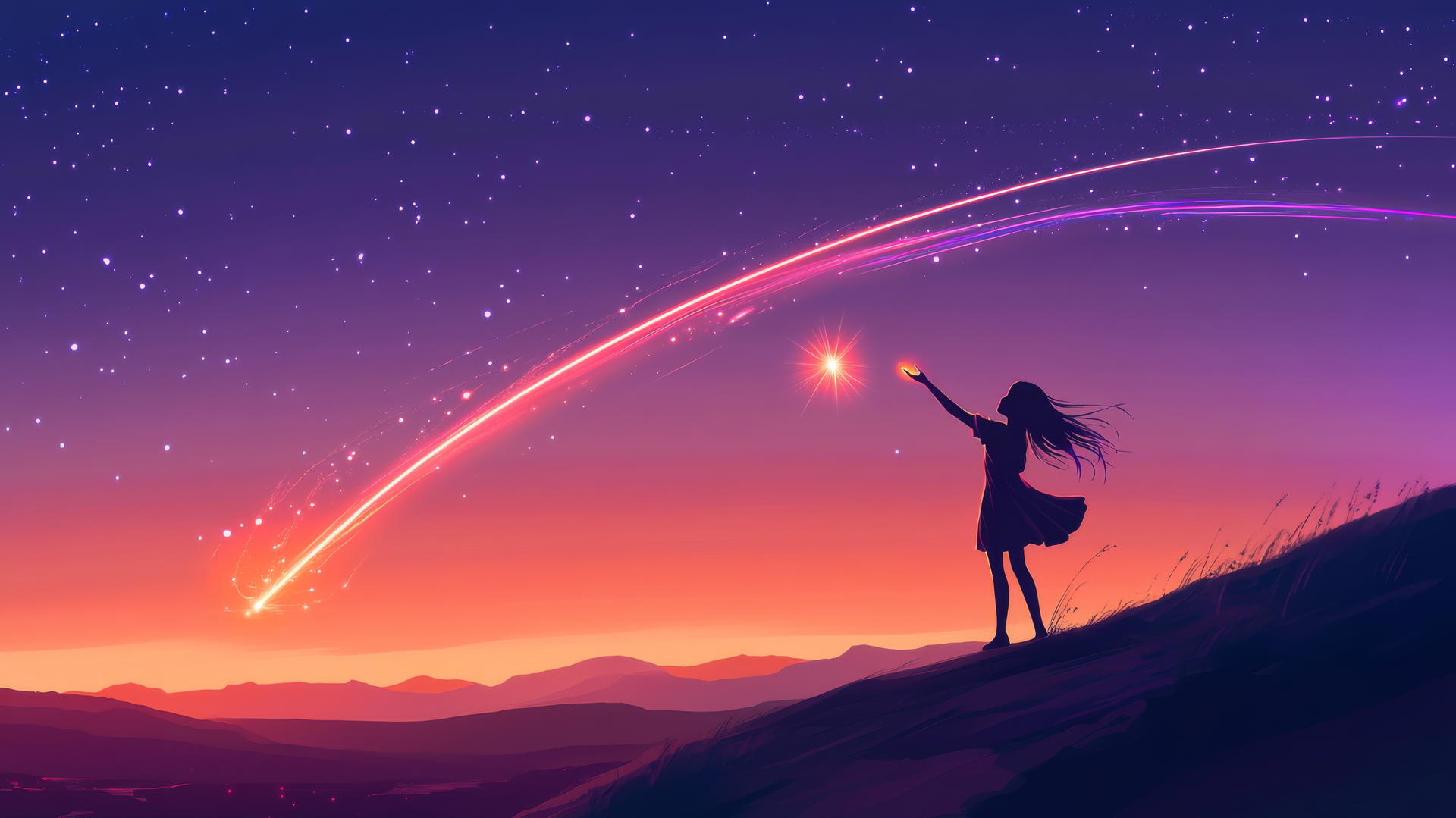 Glowing outline of girl reaching for a shooting star against a twilight sky