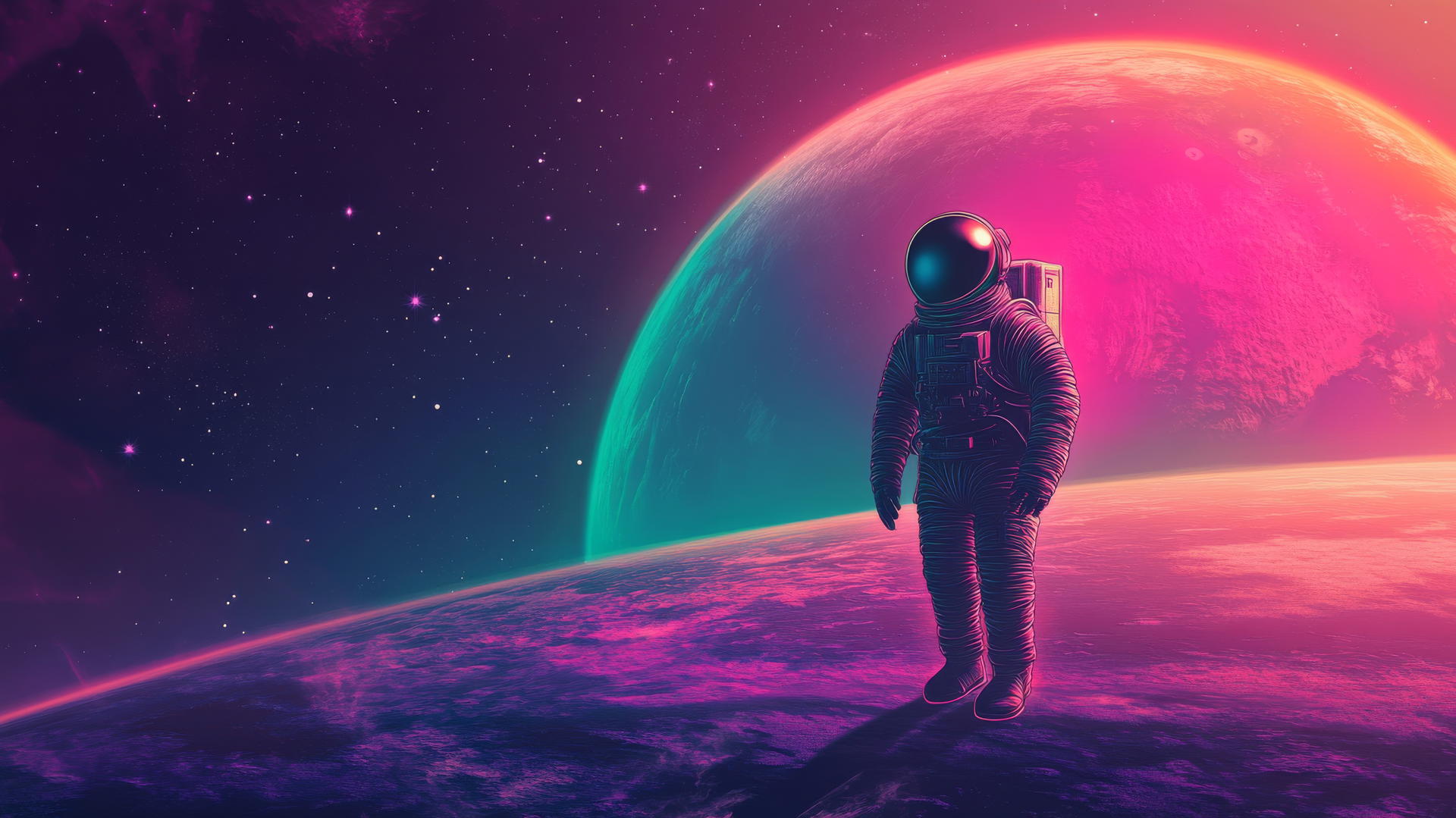 Neon astronaut outline floating in front of illuminated planet with stars