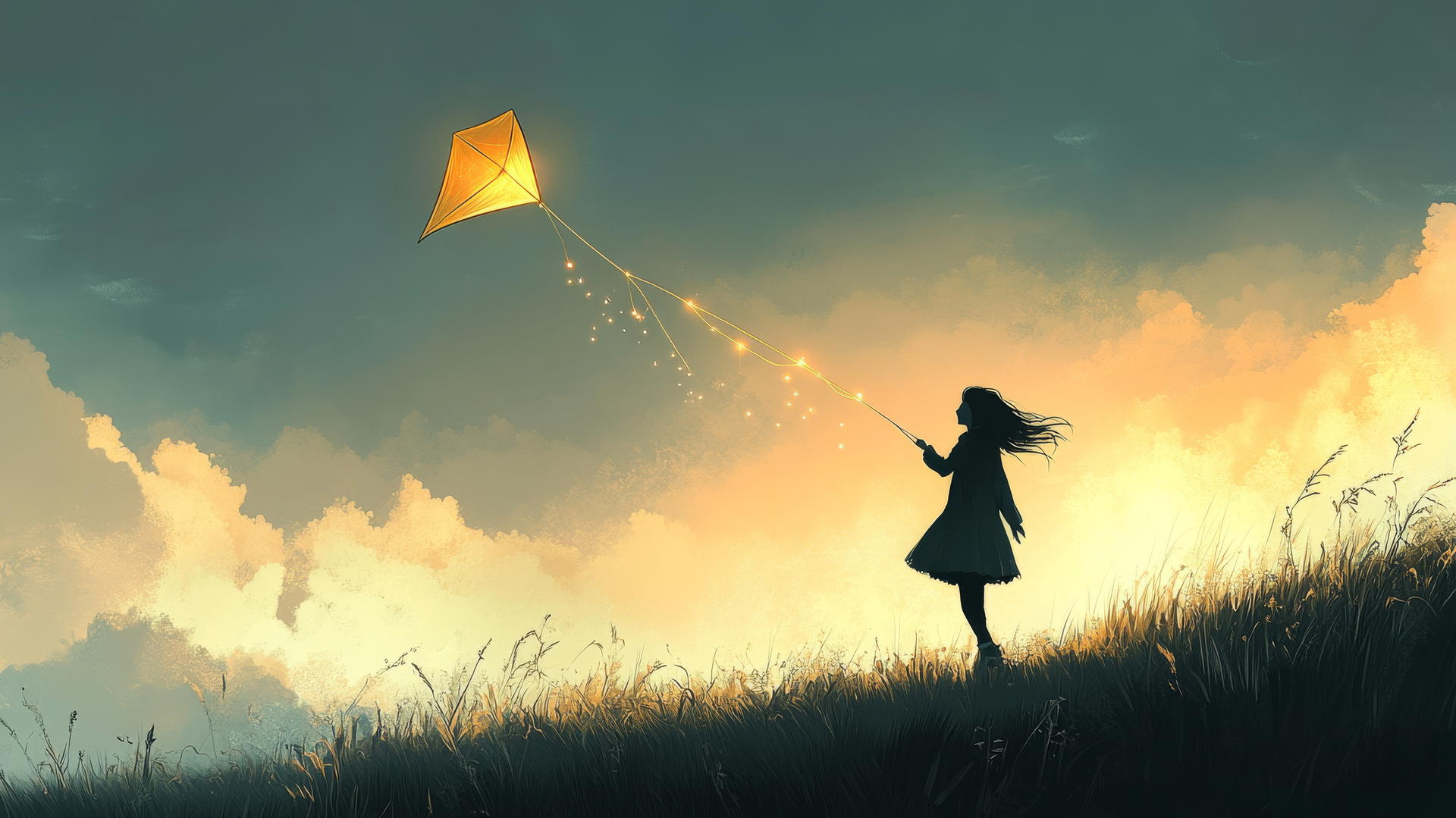 Girl flying a glowing kite with soft streaks of light in the sky over a minimalistic landscape