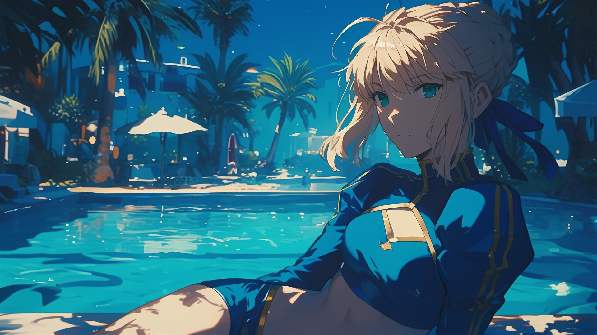 Saber from Fate/Zero resting by the pool under moonlight