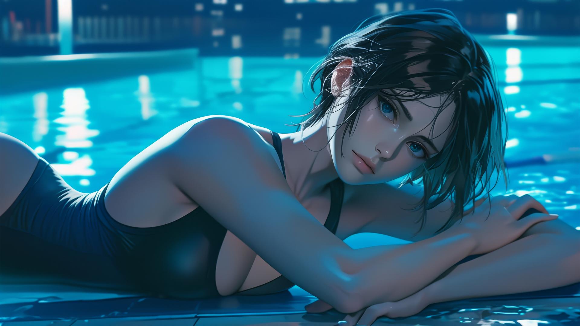 Mikasa Ackerman resting by pool in moonlight
